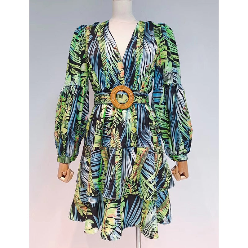 Women's V-Neck Long Sleeve High Waist Colorblock Mini Dress - Beach Style Print Summer Casual Dress for Women, Perfect for Vacation, Party and Daily Wear