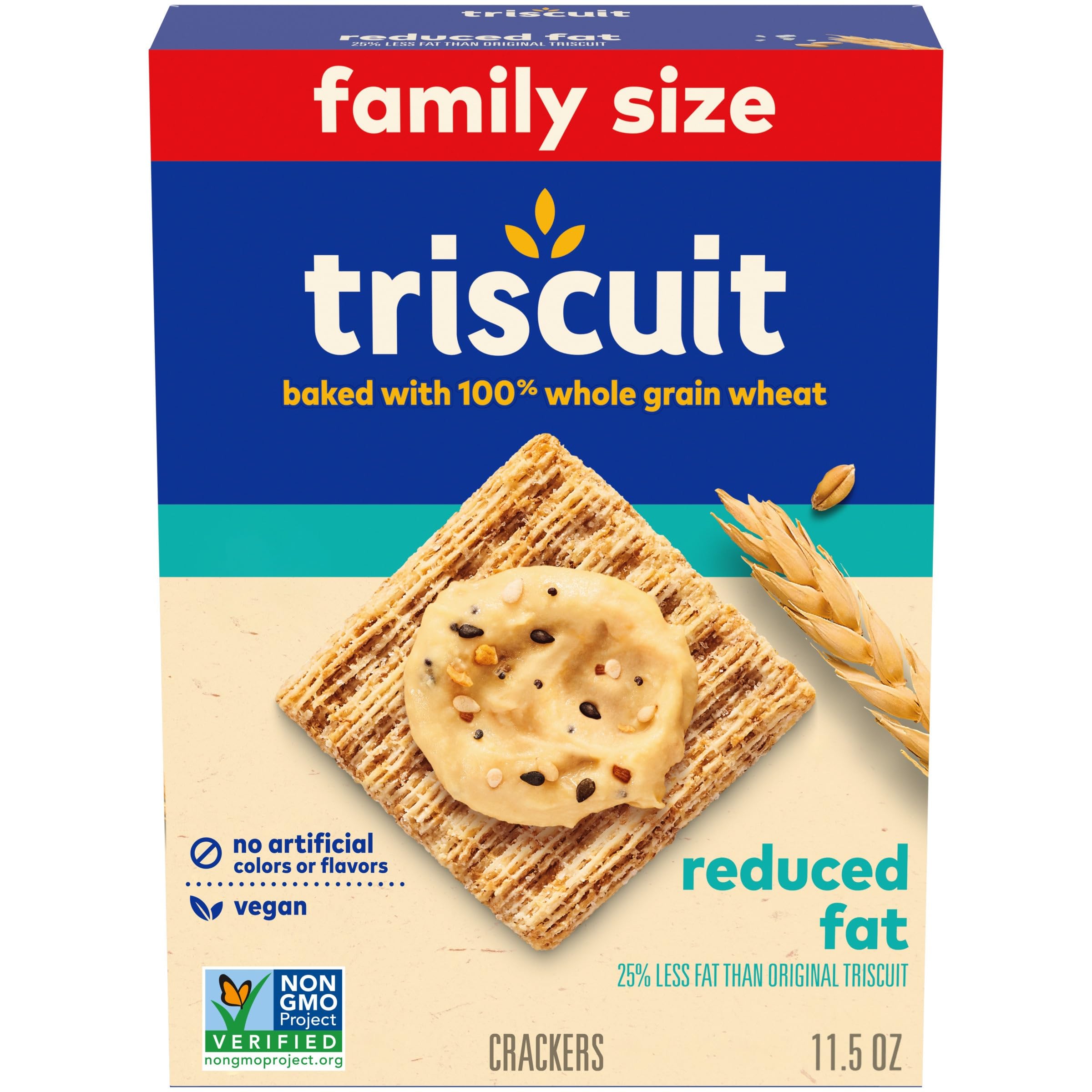 Triscuit Reduced Fat Whole Grain Wheat Crackers | Vegan, Gluten-Free Snacks for Lunch & On-the-Go | Family Size 11.5 oz Pack | Perfect for Office, School & Picnics