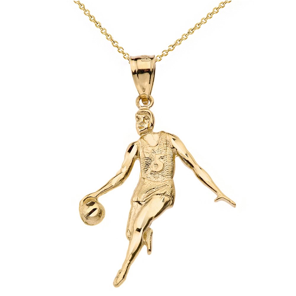 14K Yellow Gold Basketball Player Pendant Necklace for Men - High Polish Sports Jewelry Gift for Athletes, Basketball Fans, and Graduation