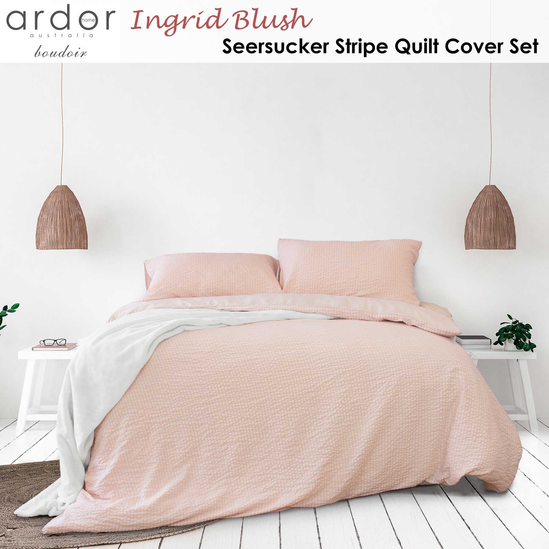 Ardor Ingrid Blush Seersucker Stripe Quilt Cover Set - Double Size Soft Cotton Bedding with Ruffled Edge, Perfect for Master Bedroom, Guest Room & Coastal Home Decor