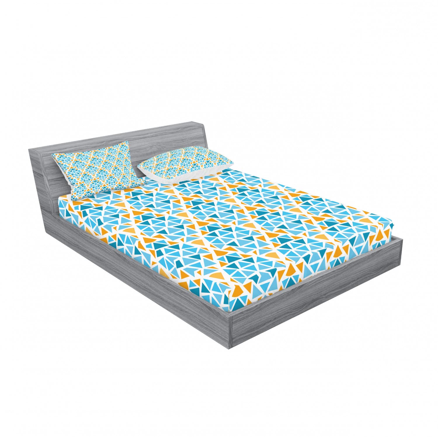 Ambesonne 2-Piece Queen Size Fitted Sheet Set with 4 Pillow Shams - Blue & Yellow Geometric Triangle Pattern Bedding - Aqua Teal Marigold Design - Soft Wrinkle-Resistant Fabric for Master Bedroom, Guest Room or Dorm Decor