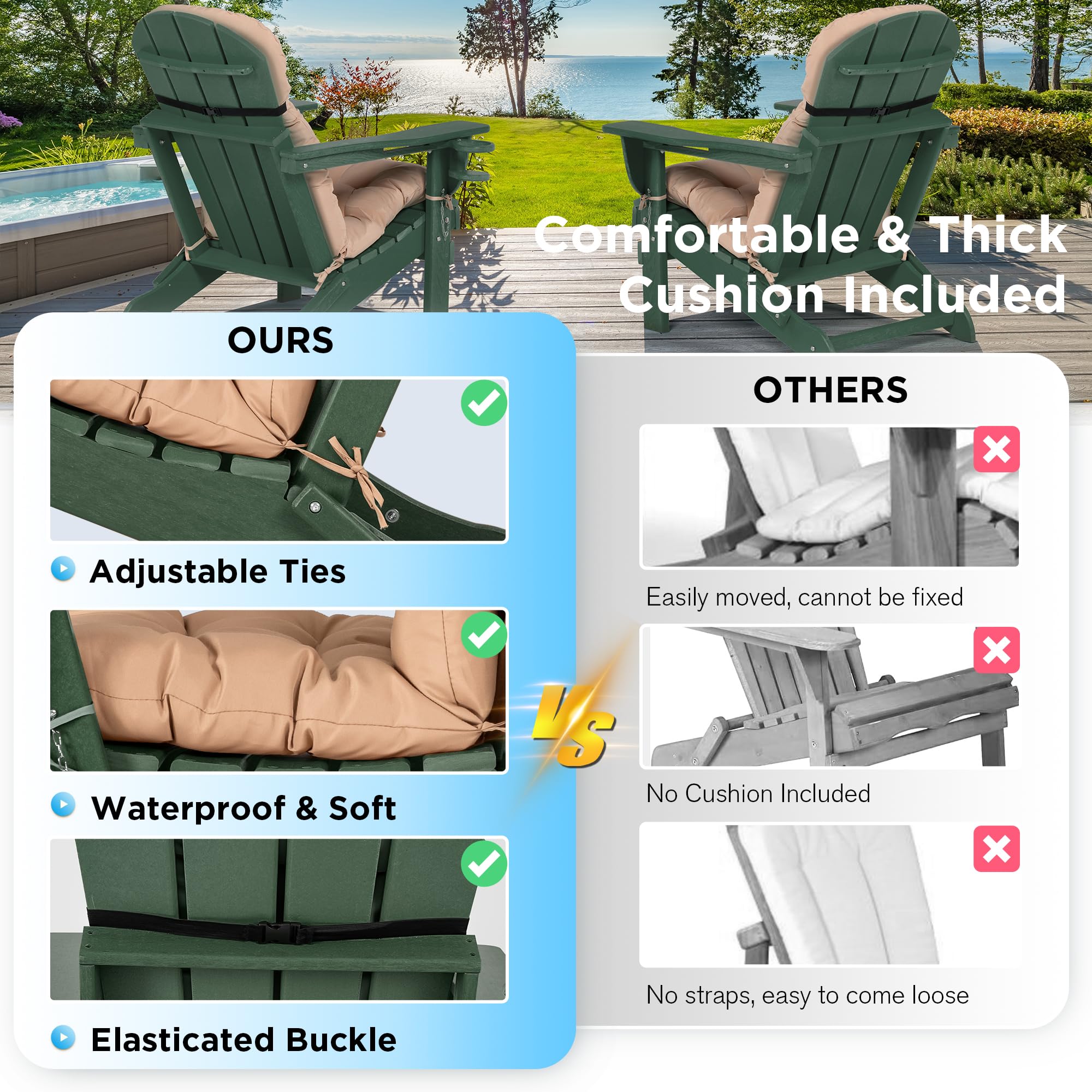 Nalone 2-Pack Folding Adirondack Chairs with Cushions & Cup Holders - HDPE Plastic Oversized Weather-Resistant Outdoor Patio Chairs for Backyard, Deck, Garden, Fire Pit, Camping & Poolside (Green)