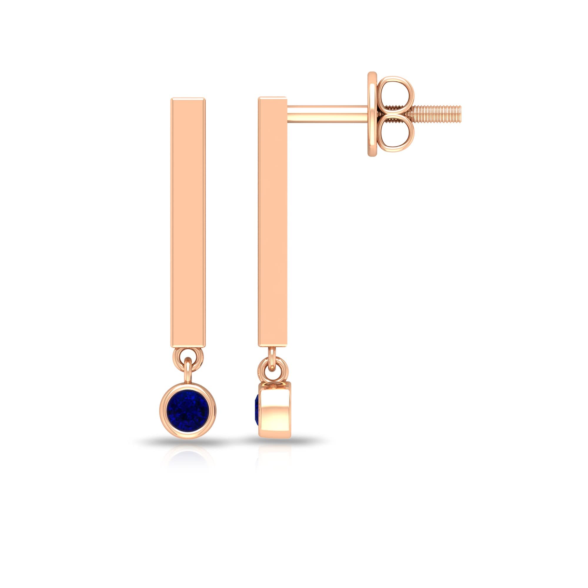 14K Solid Gold Blue Sapphire Drop Earrings for Women - Round Bezel Set Sapphire & Gold Bar Dangle Earrings - Perfect for Weddings, Parties & Special Occasions