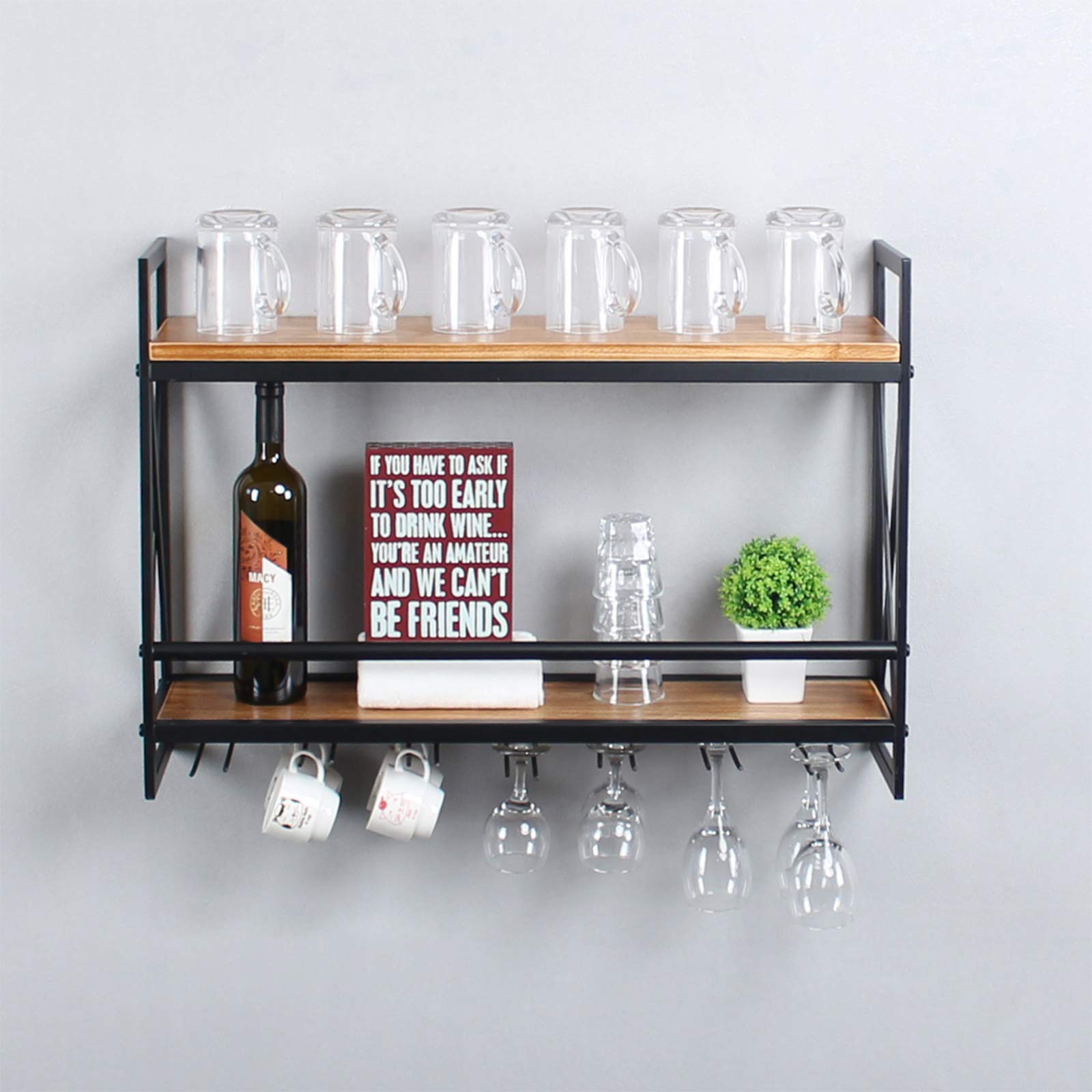 MBQQ Rustic Wall Mounted Wine Rack with 7 Stem Glass Holder - 30 Inch Industrial Metal Hanging Wine Shelf, 2-Tier Wood Floating Shelves for Kitchen, Living Room & Home Decor | Perfect for Wine Storage & Display in Dining Rooms, Bars & Entertaining Spaces