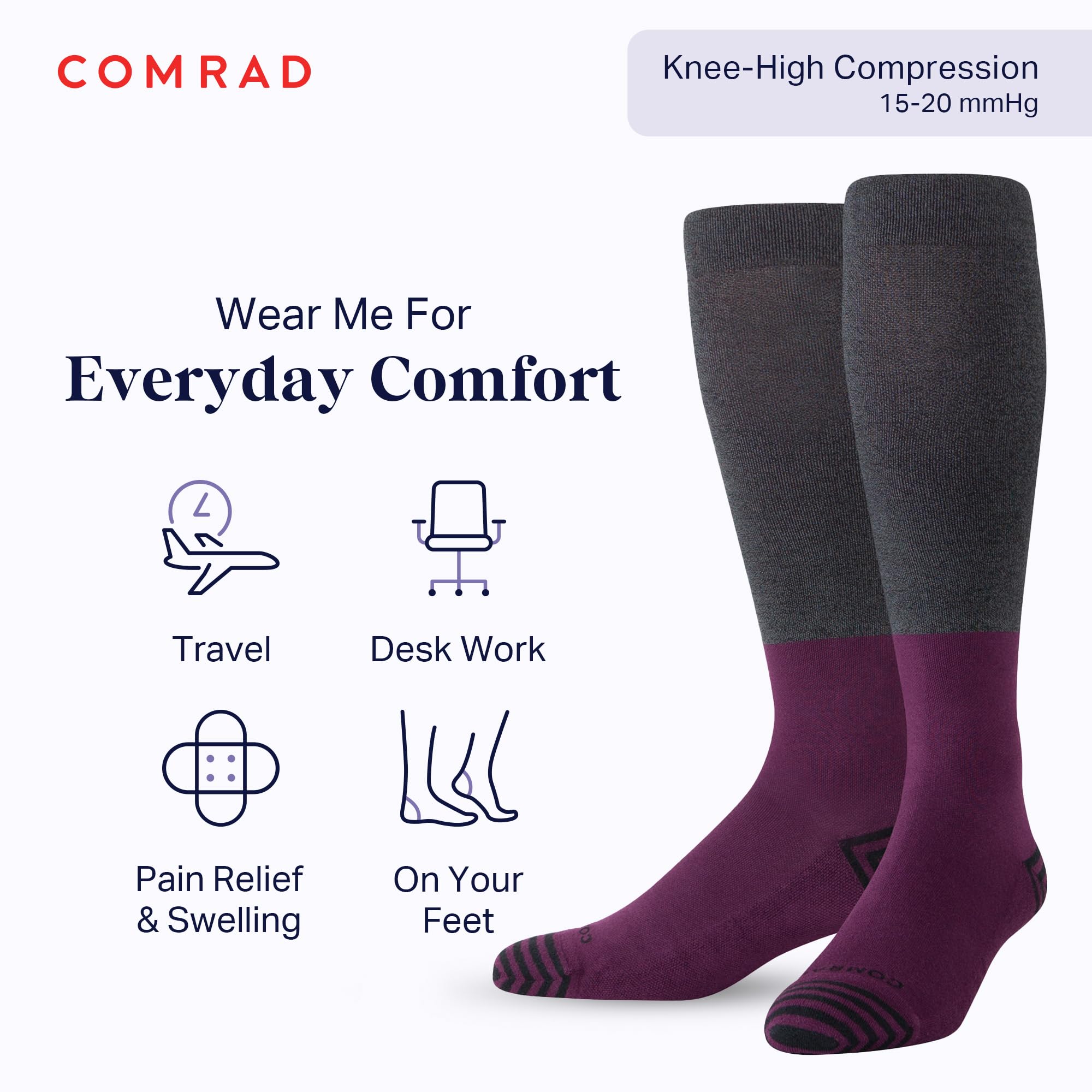 Comrad CloudCotton Knee High Compression Socks 15-20mmHg - Soft Combed Cotton Graduated Support Socks for Men & Women - Perfect for Running, Travel & Circulation Support