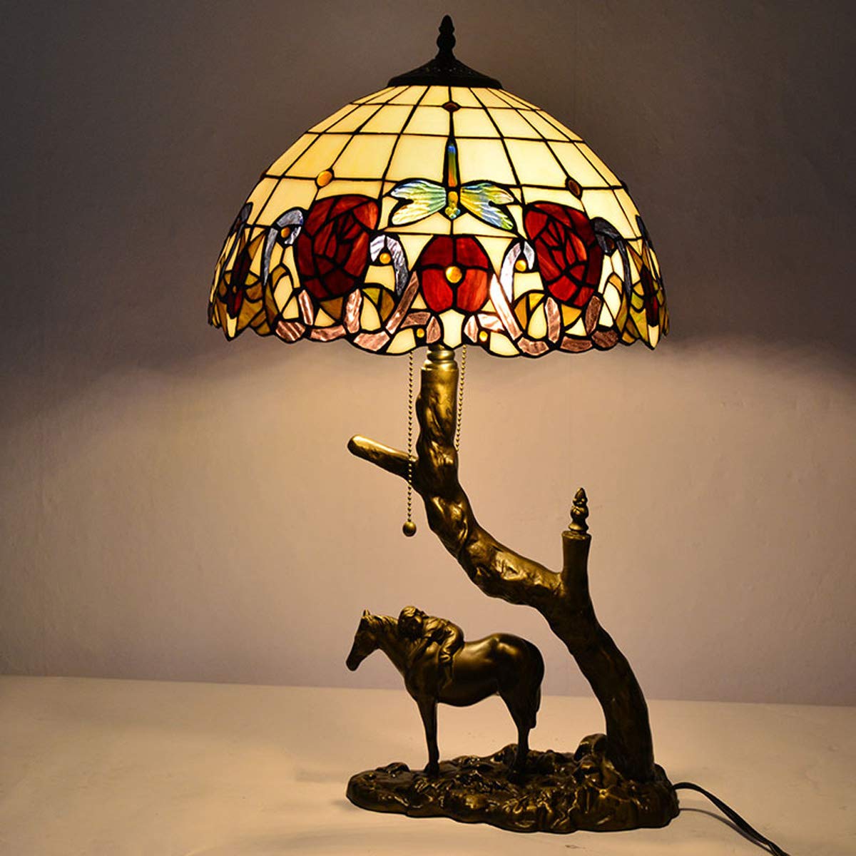 Tiffany Style Rose Table Lamp with Pastoral Floral Dragonfly Stained Glass - 16 Inch Resin Pony Base Desk Lamp for Bedroom, Living Room & Study - Perfect for Reading, Nightstand Decor and Cozy Home Ambiance