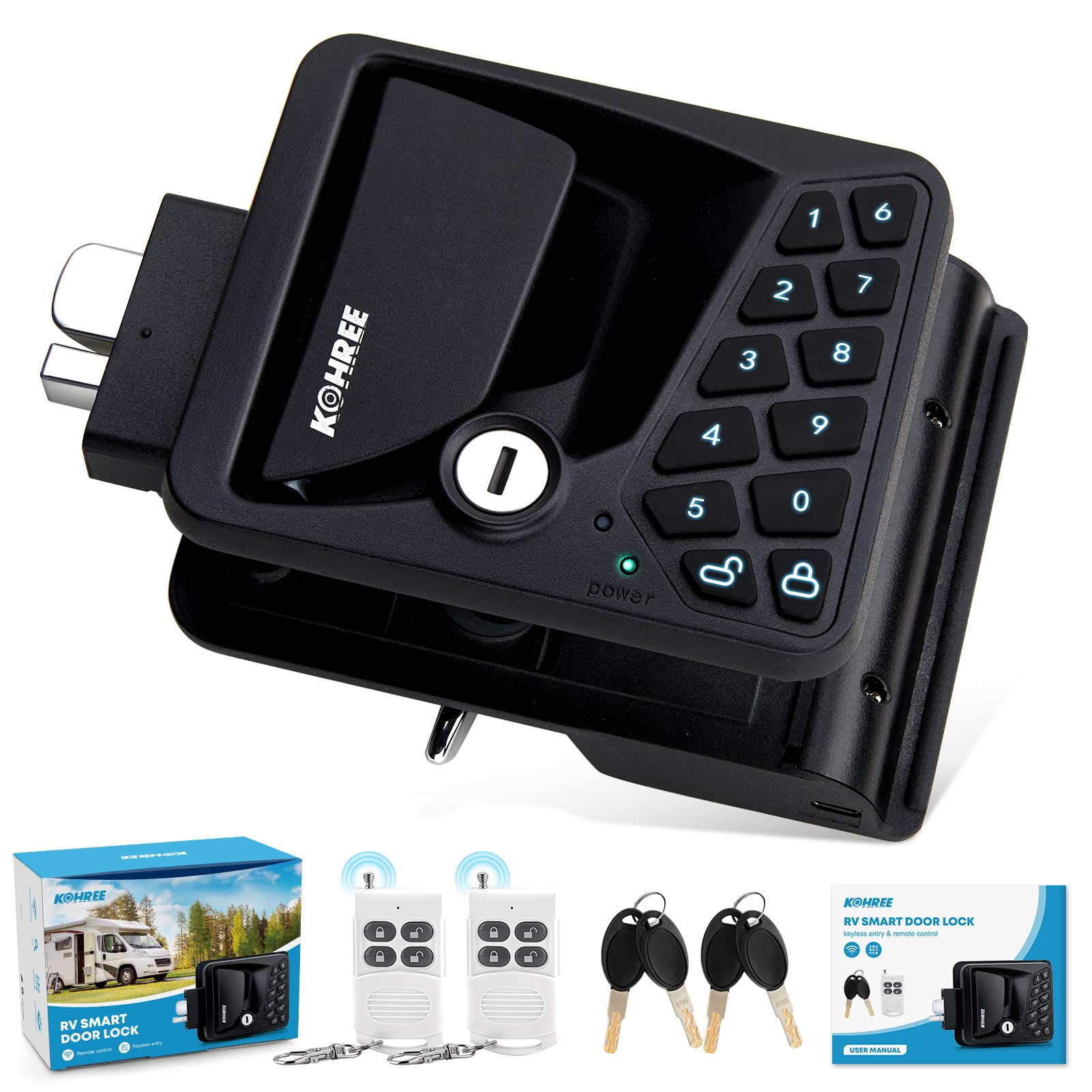 Kohree RV Keyless Entry Door Lock - Password Keypad & Remote Key Fob, 100% Metal Camper Trailer Door Lock Replacement, Anti-Peeping Secure Latch Handle for RV, Travel Trailer, Motorhome - Easy Installation & Weatherproof Design