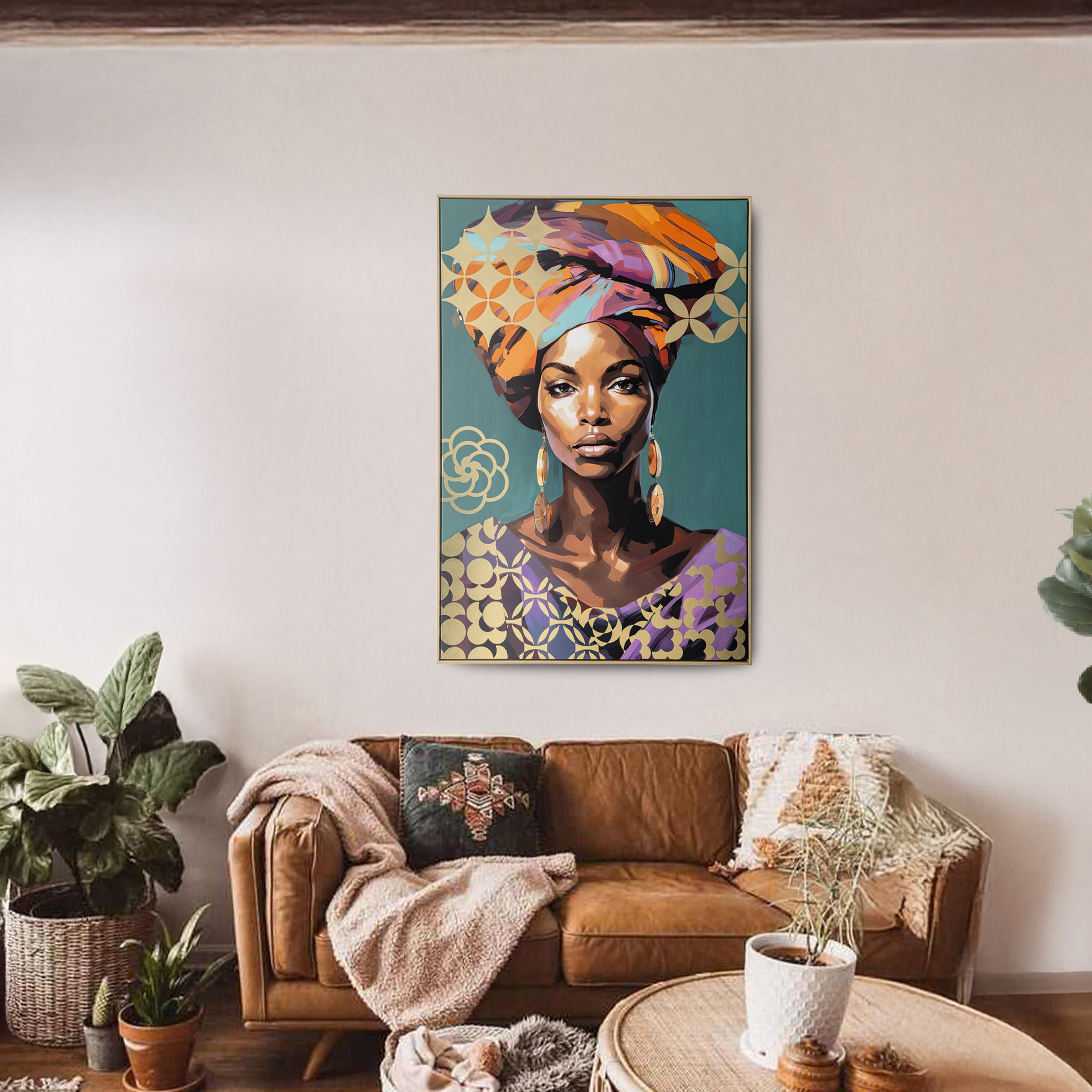 Urban Style Brushmarks Foiled Canvas African Woman Teal Wall Art - Handmade Home Decor for Living Room, Bedroom & Office
