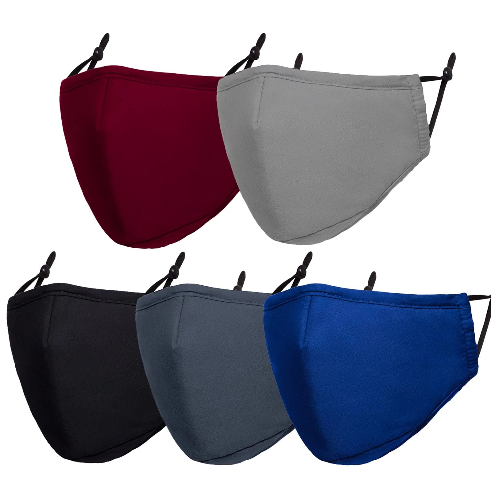 Reusable 3-Layer Washable Cloth Face Masks with Adjustable Ear Loops & Nose Wire - Breathable Cotton Safety Masks for Adults (5 Pack) - Perfect for Daily Commute, Shopping & Outdoor Activities