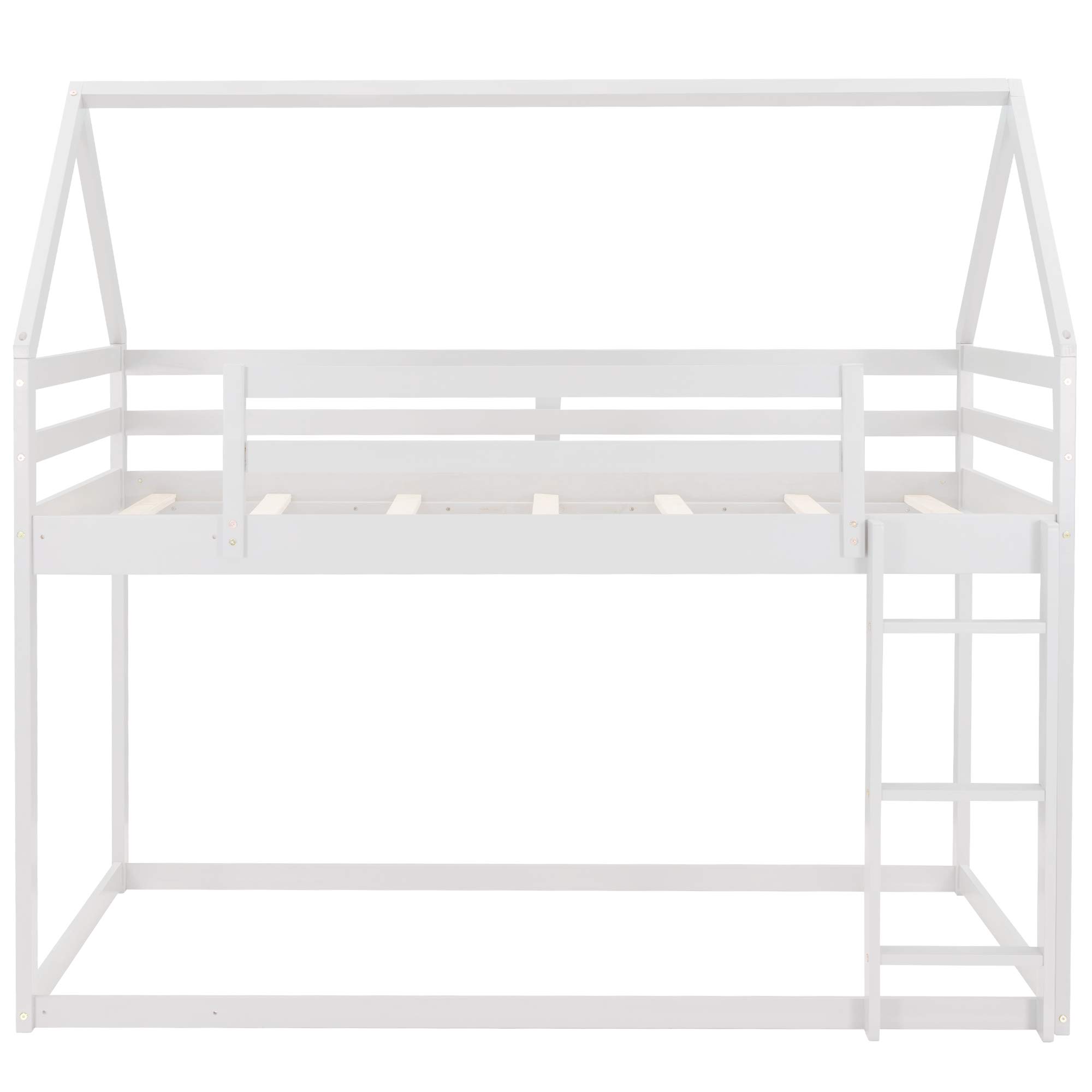 Rhomtree Twin Over Twin Low Bunk Bed with Roof - Sturdy Wood Loft Bed Frame for Kids & Toddlers, No Box Spring Needed, Easy Assembly (White) - Perfect for Small Bedrooms, Shared Kids Rooms & Space-Saving Home Decor