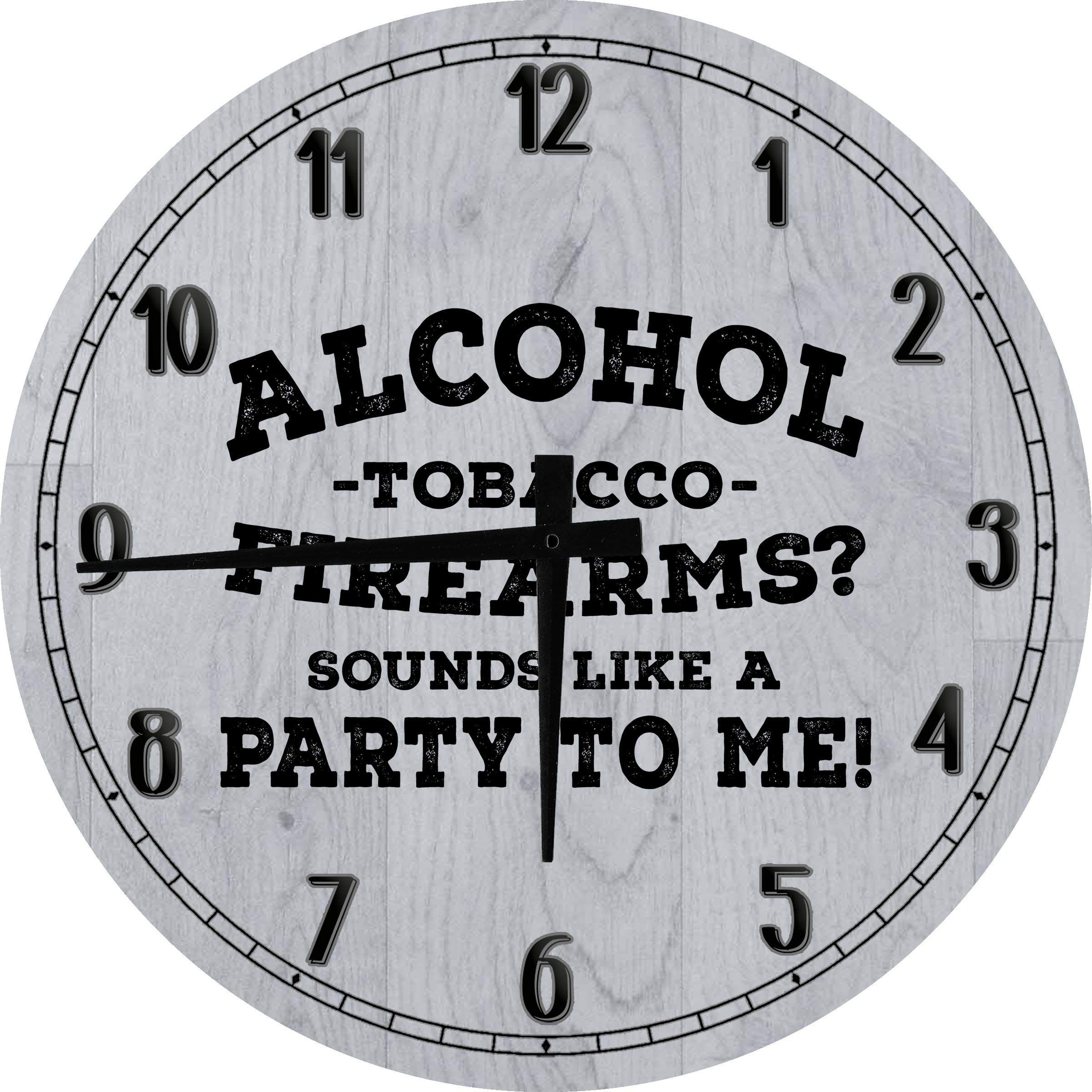 18 Inch Gray Wood Wall Clock for Men - Rustic Round Decor with Alcohol & Tobacco Theme, Perfect for Manly Hobbies and Home Office, Living Room, or Bar Decor