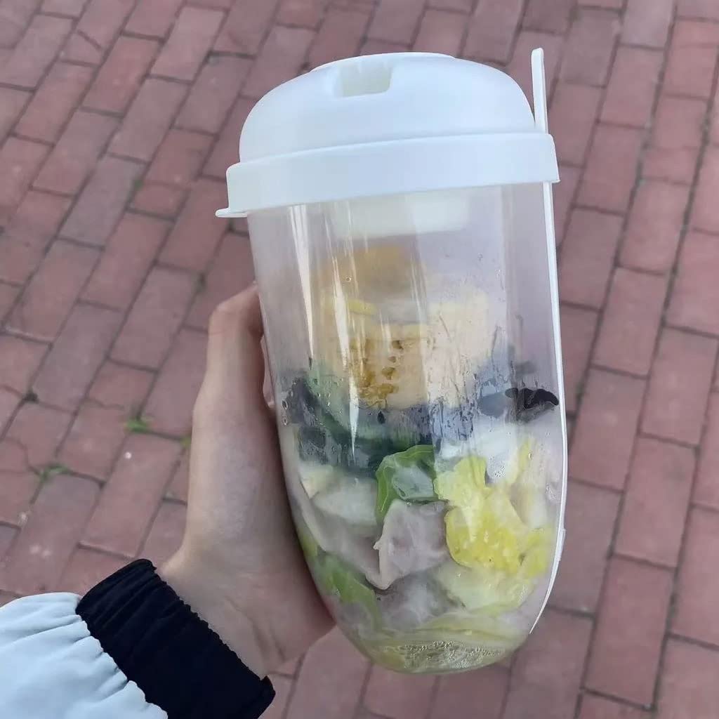 Fresh Salad Cup - Portable 1000ml Salad Meal Shaker with Fork & Dressing Holder - White Lunch Container for Fruits, Vegetables & Healthy Meals - Perfect for Office, Picnics & On-the-Go Eating