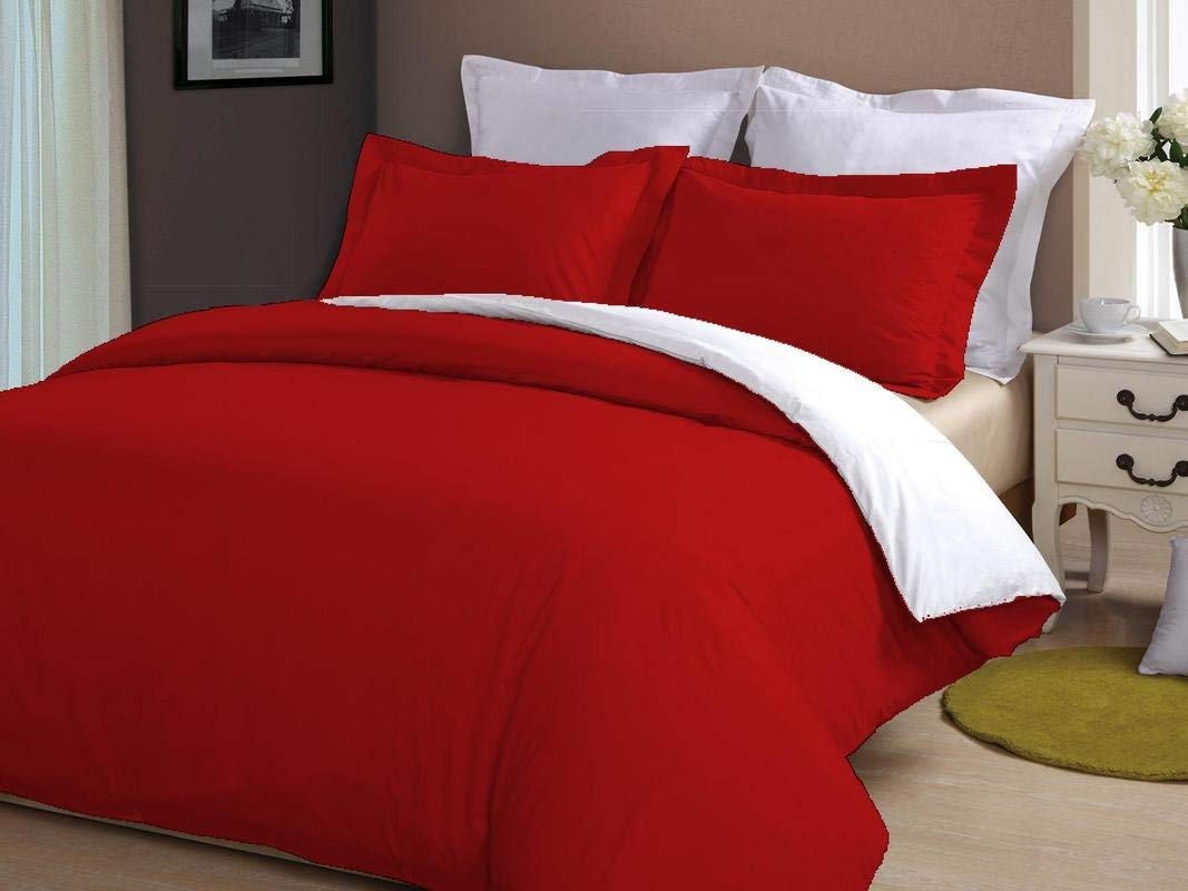 Luxury 100% Egyptian Cotton Reversible Duvet Cover Set - 3 Piece King Size (1 Duvet Cover + 2 Pillowcases) 650 Thread Count Ultra Soft Silky Bedding - Solid Blood Red & White Color Options - Perfect for Master Bedroom, Guest Room & Hotel Decor