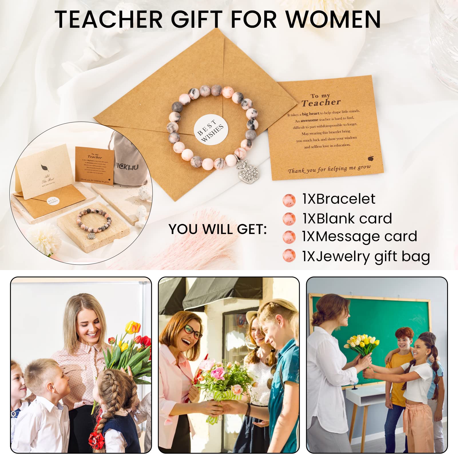 Natural Stone Teacher Appreciation Bracelet for Women - Thoughtful Thank You Gift with Message Card - Perfect for Teacher's Day, Retirement, Christmas & End of Year Gifts