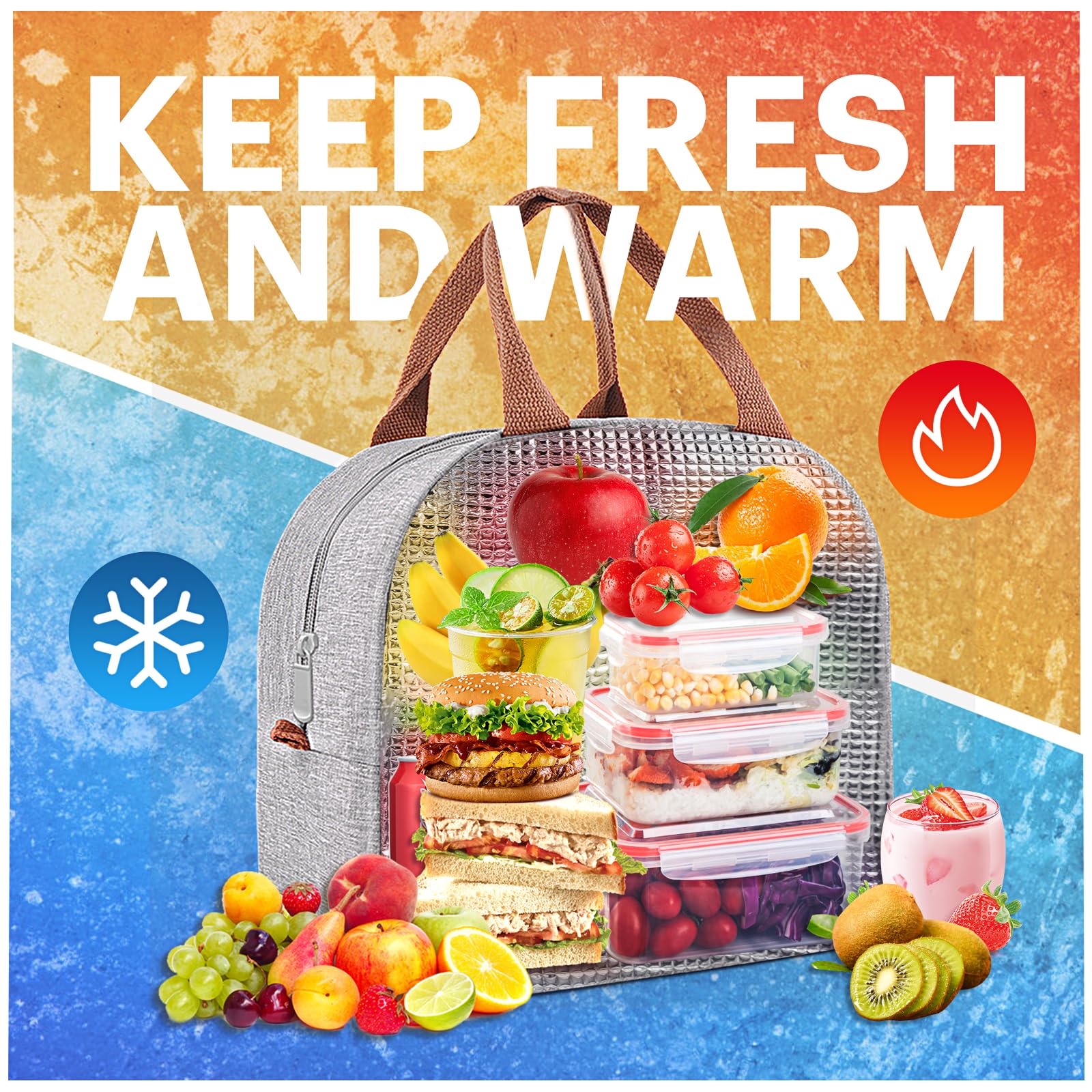 **Insulated Lunch Bag for Adults - Leakproof Cooler Lunch Box for Work, Travel & Outdoor - High Capacity Reusable Lunch Tote for Men & Women (Grey) - Perfect for Office, Picnics & Commuting**
