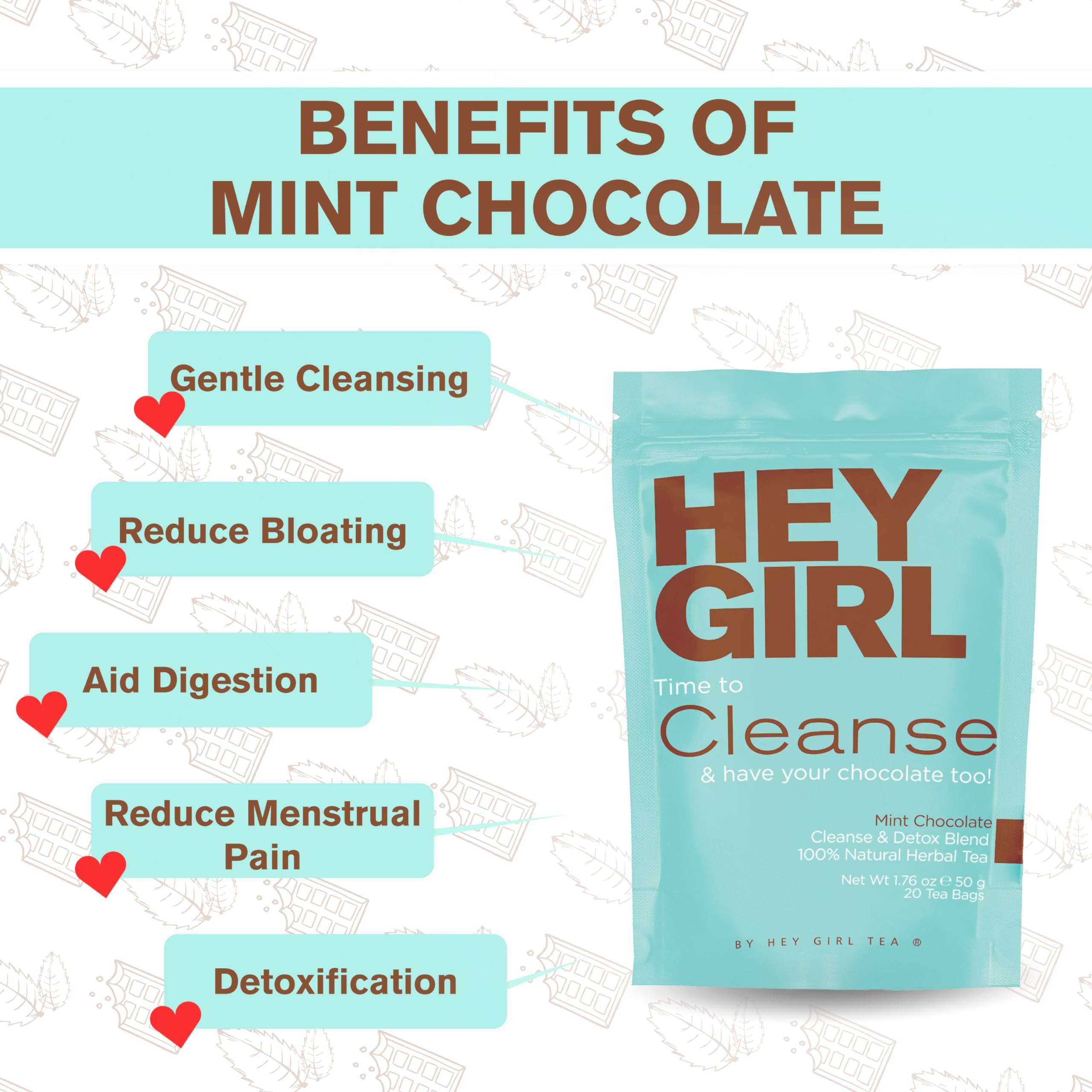 Hey Girl Tea Bundle - Herbal Sleep Tea with Chamomile, Valerian Root & Lemon Balm in Tea Bags + Mint Chocolate Cleanse Tea for Women - Reduces Bloating & Promotes Relaxation | Perfect for Nighttime Routine, Stress Relief & Digestive Wellness