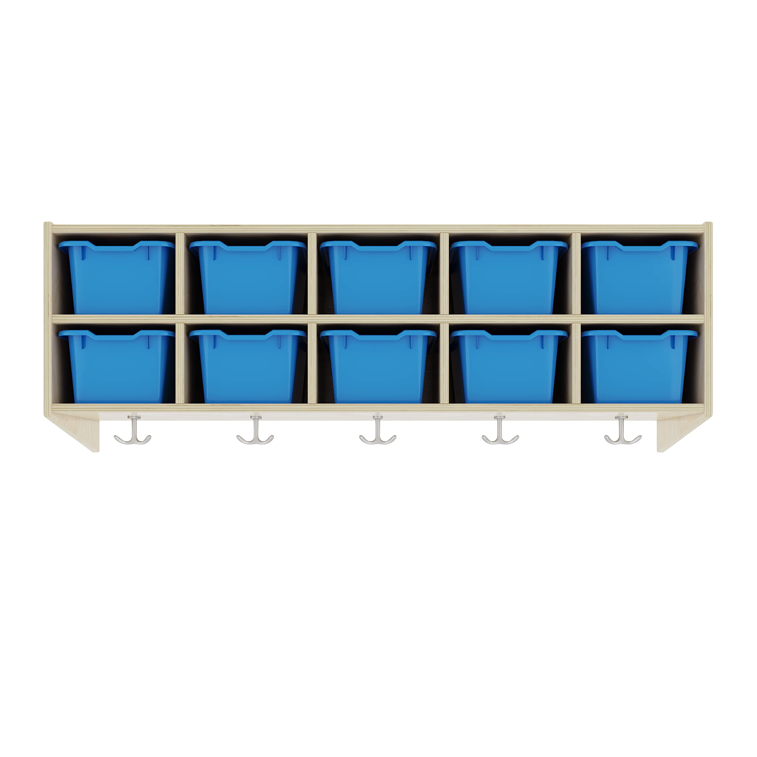 ECR4Kids Natural Blue 10-Section Hanging Coat Locker with Scoop Front Storage Bins - Classroom Organization, Daycare Storage, School Cubby for Kids' Coats & Backpacks