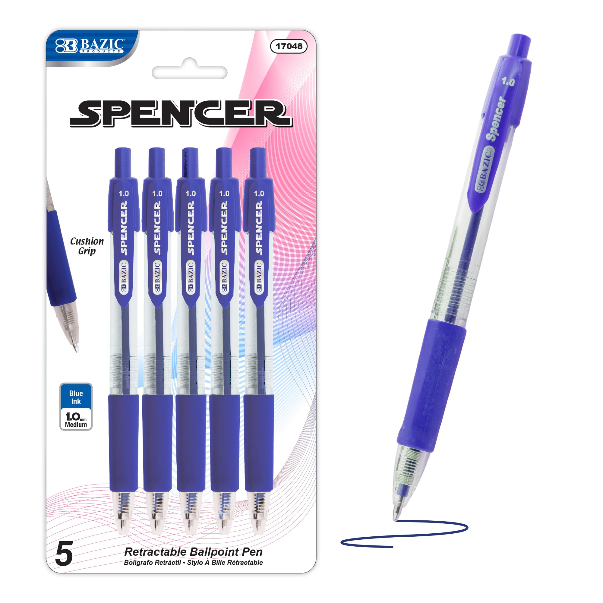 BAZIC Retractable Ballpoint Pens - 1.0mm Bold Point, Smooth Writing, Soft Barrel Grip (5-Pack, Spencer Blue) - Ideal for Office, School, Teacher, Note Taking & Everyday Use
