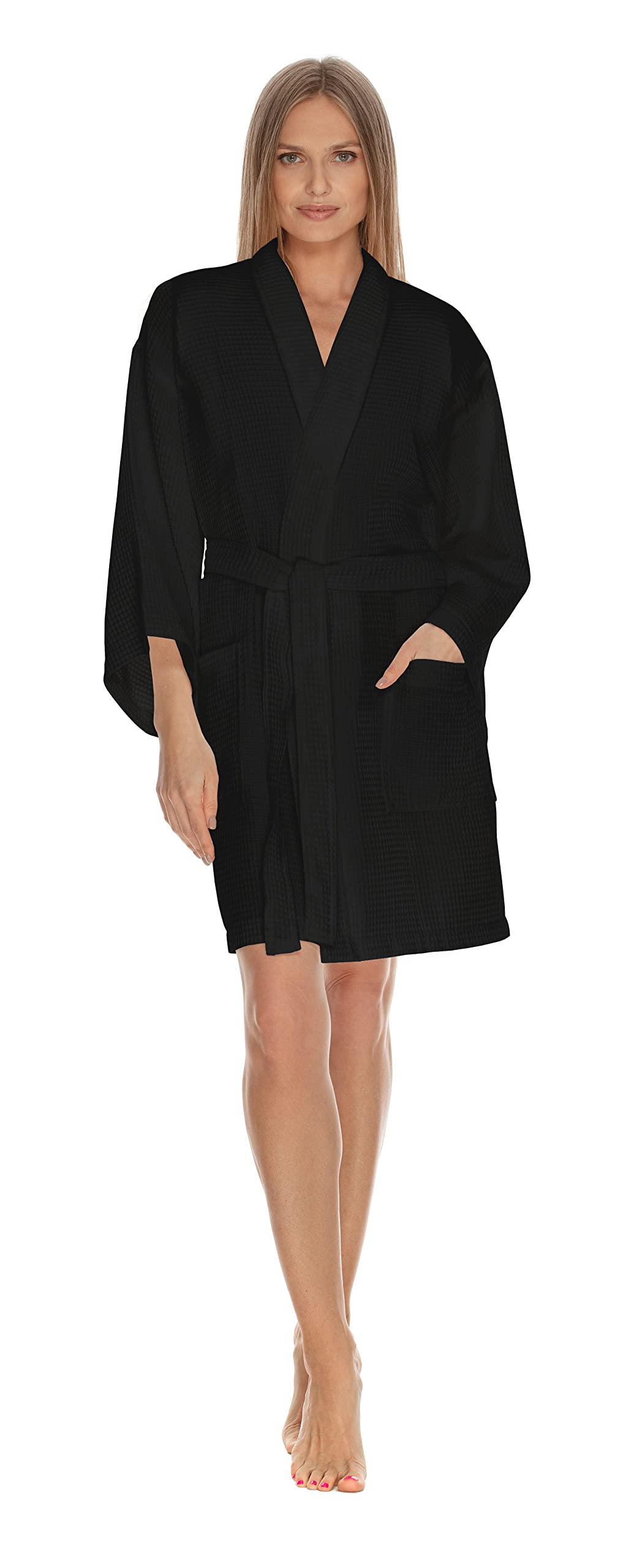 Boca Terry Women's Waffle Robe - Knee Length Lightweight Kimono Bathrobe for Spa, Lounge & Hotel Use - Soft Waffle Weave Cotton Robe for Women