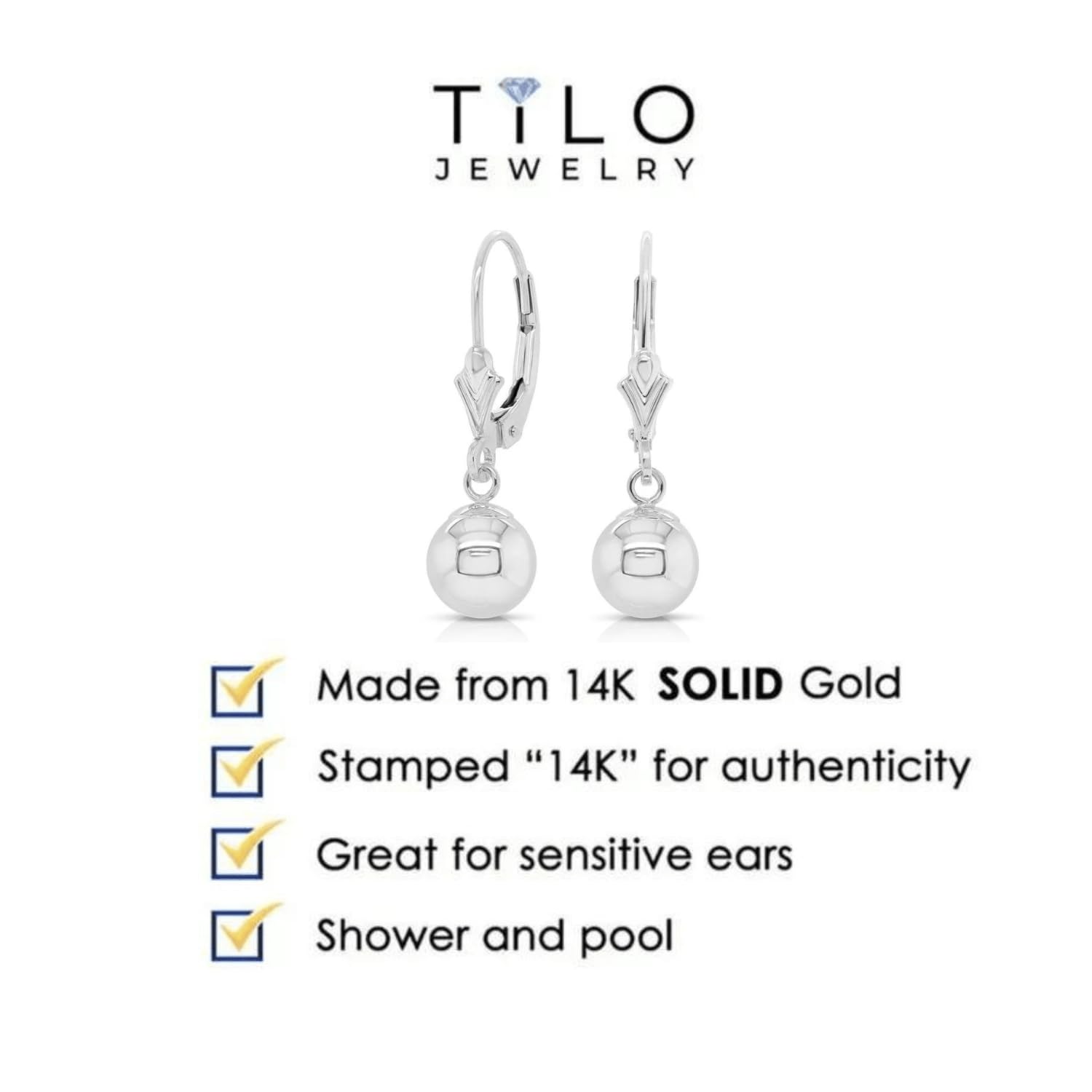 14K White Gold Dangling Ball Earrings for Women - Elegant Leverback Drop Earrings | Perfect for Weddings, Parties & Special Occasions