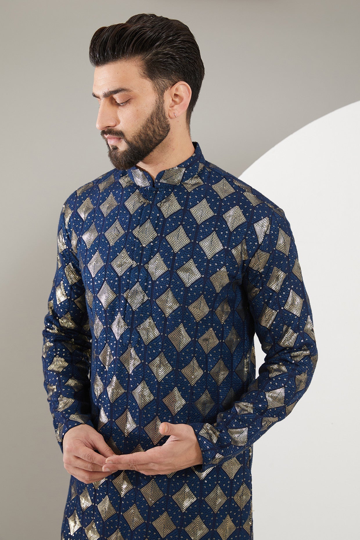 Premium Navy Blue Heavy Threadwork Kurta for Men - Traditional Embroidered Cotton Tunic - Perfect for Festivals, Weddings & Casual Wear