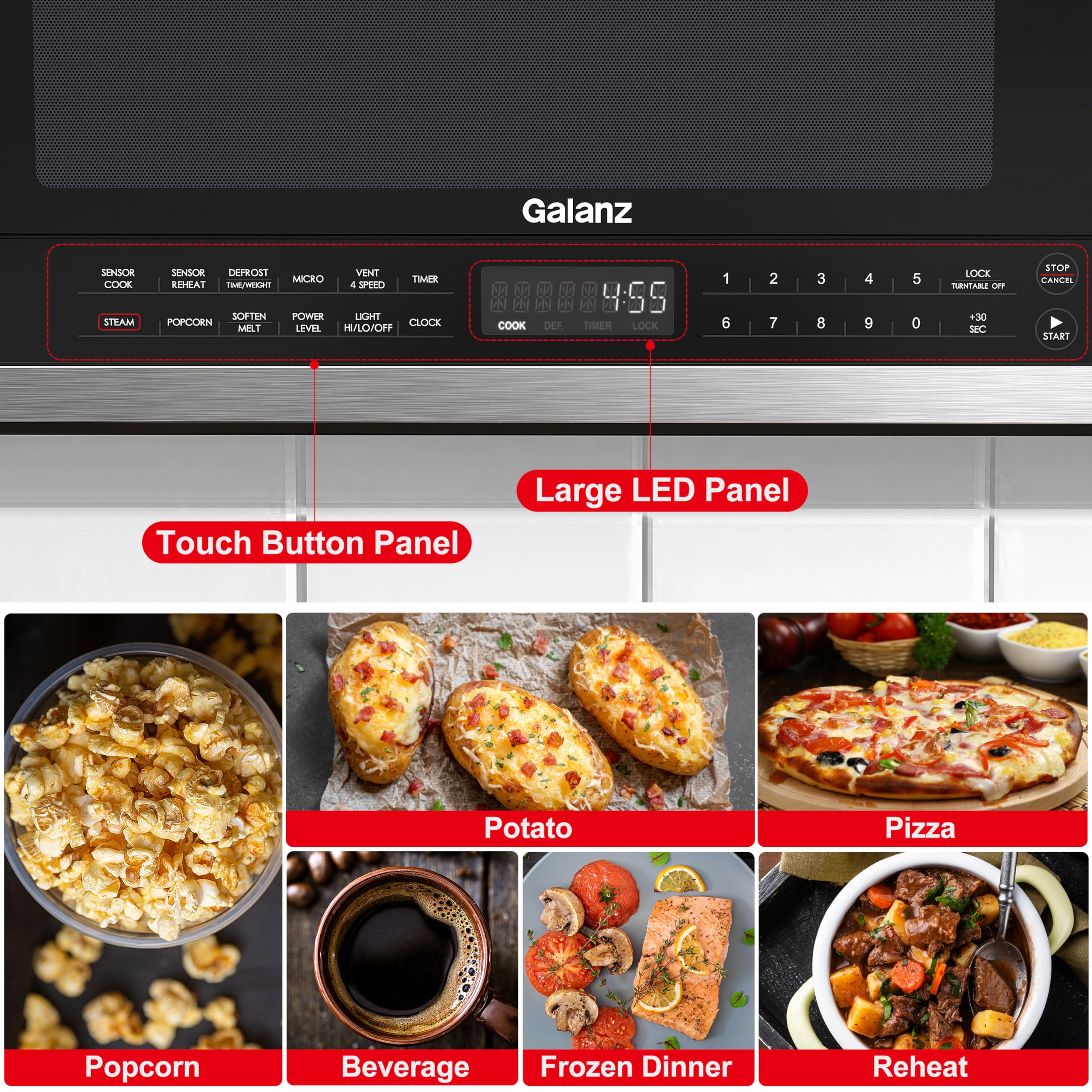 Galanz GLOMJK12S2SWN10 Low Profile Over The Range Microwave Hood Combo with Steam & Sensor Cooking - 1.2 Cu Ft Stainless Steel - 11 Power Levels - Perfect for Small Kitchens & Apartments