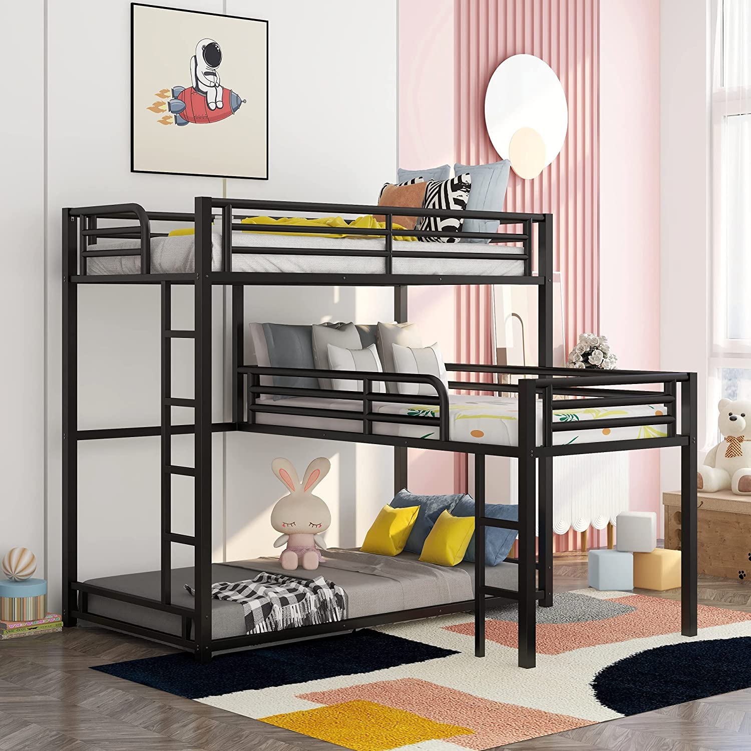 MERITLINE Metal Triple Bunk Bed for Kids & Teens - L-Shaped Twin Over Twin Bunk Bed Frame with Guardrails & Ladder - 3-in-1 Space Saving Bunk Bed for Small Rooms, Dorms, or Shared Kids' Bedrooms - Sturdy Black Metal Bunk Bed for Adults & Children