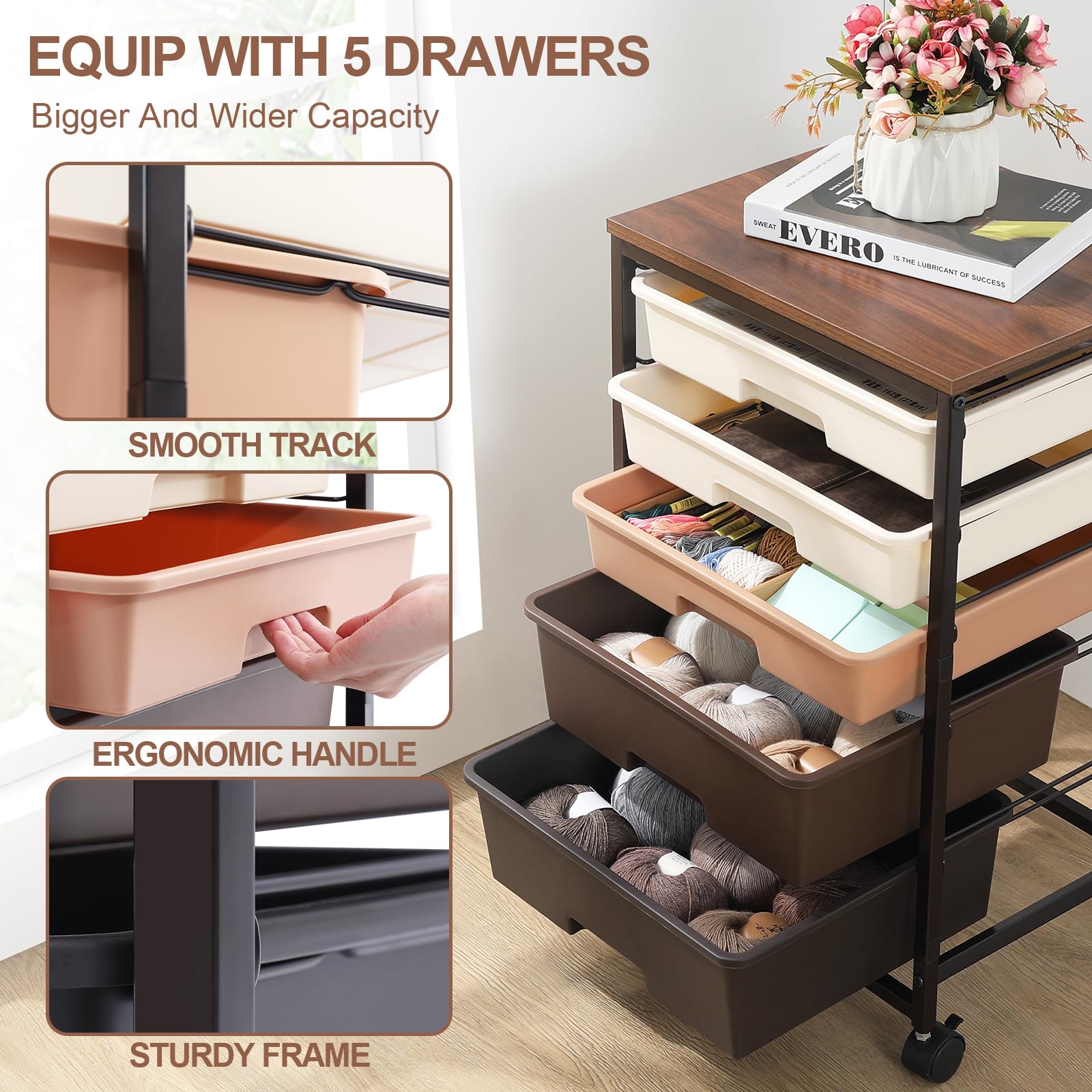 5-Drawer Utility Cart with Wooden Tabletop & Lockable Wheels - Large Capacity Rolling Storage Cart for Office, Kitchen, or Workshop Organization (Brown)