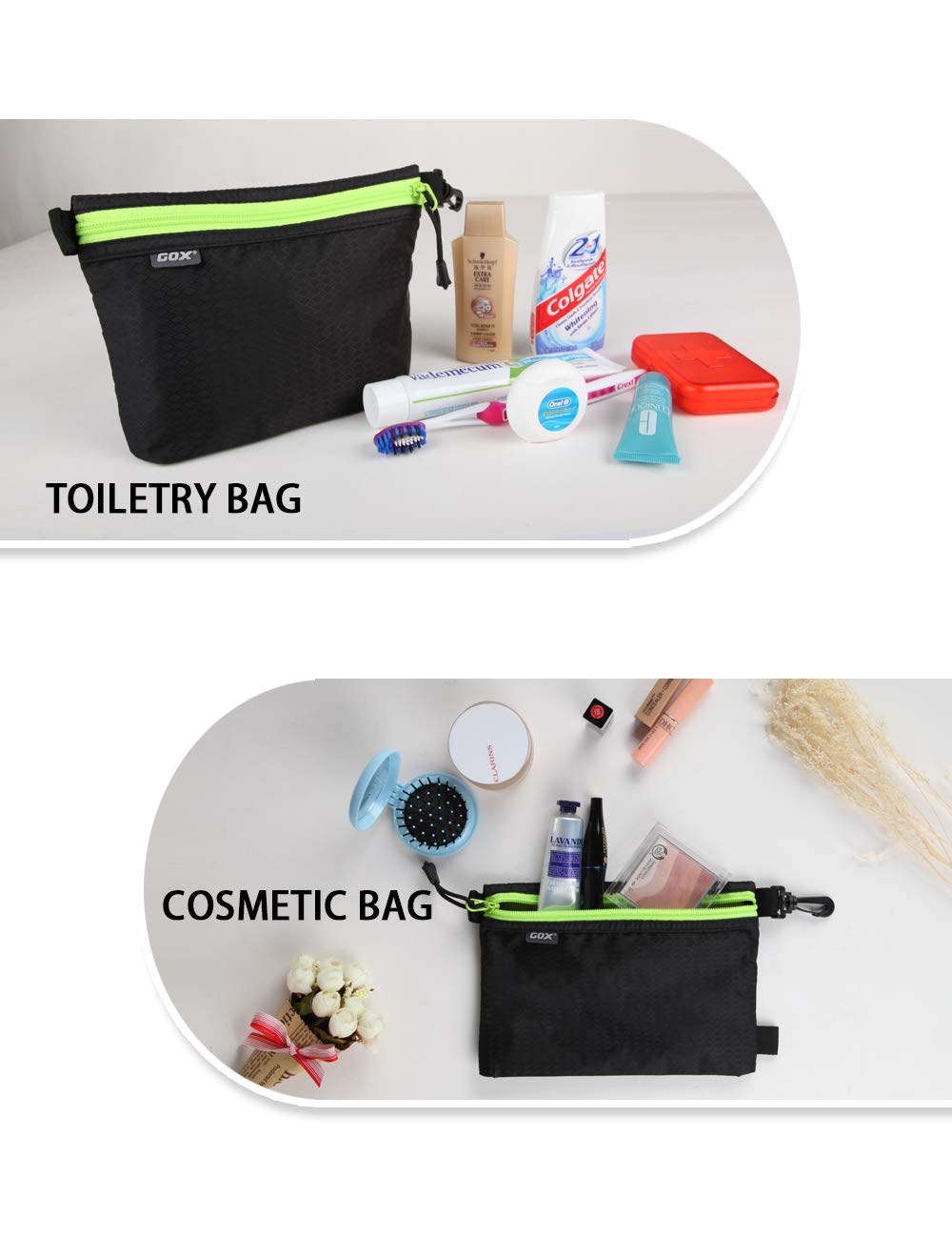 GOX Ultra Light Carry-On Toiletry Bag - Waterproof Zippered Makeup & Travel Organizer Pouch for Cosmetics, Electronics & Essentials (Black) - Perfect for Air Travel, Gym, Camping & Daily Use