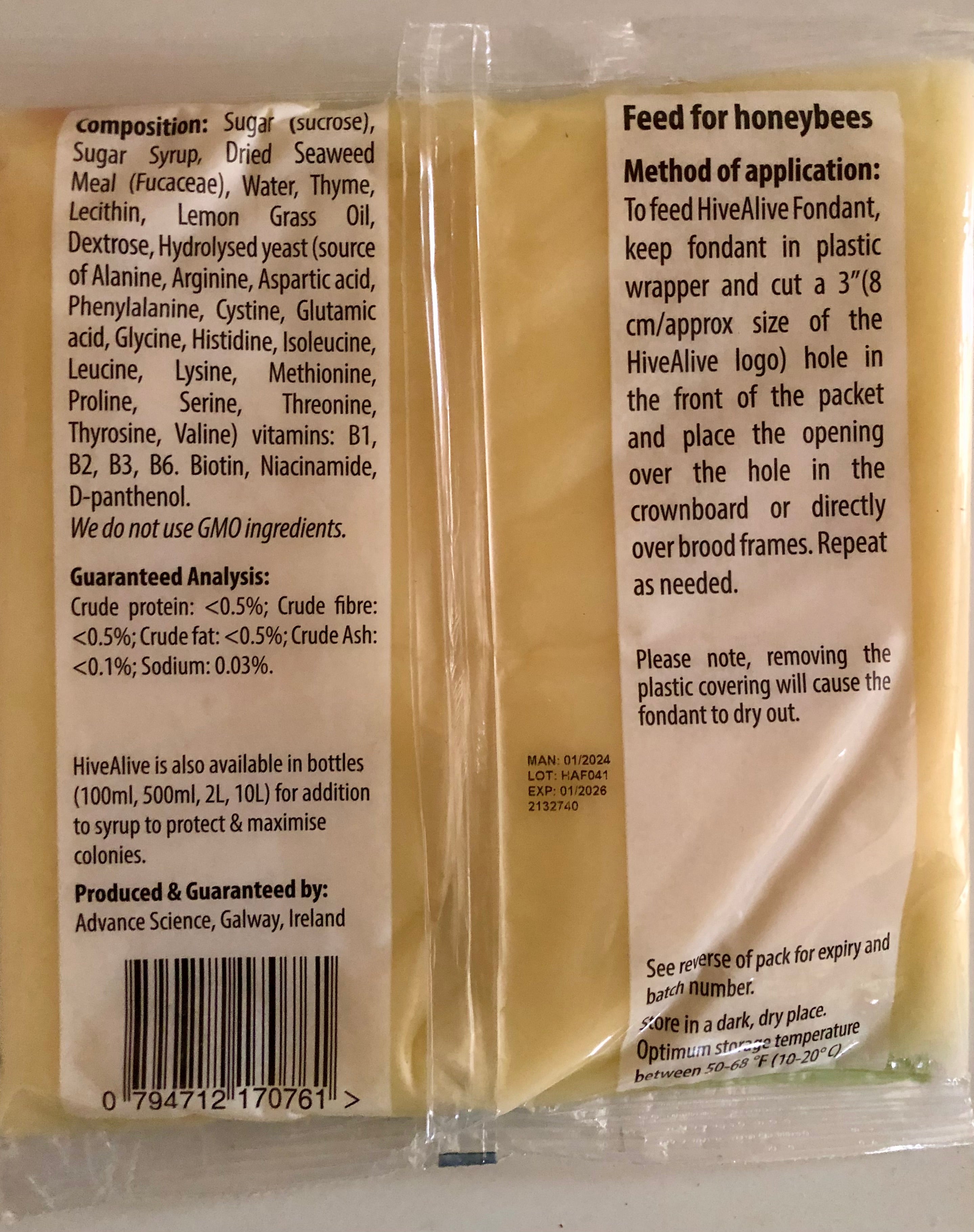 Hive Alive Fondant Patty (2lb 4oz) - Premium Bee Food for Winter Feeding & Hive Stimulation - Essential Beekeeping Supplies for Healthy Honey Bees