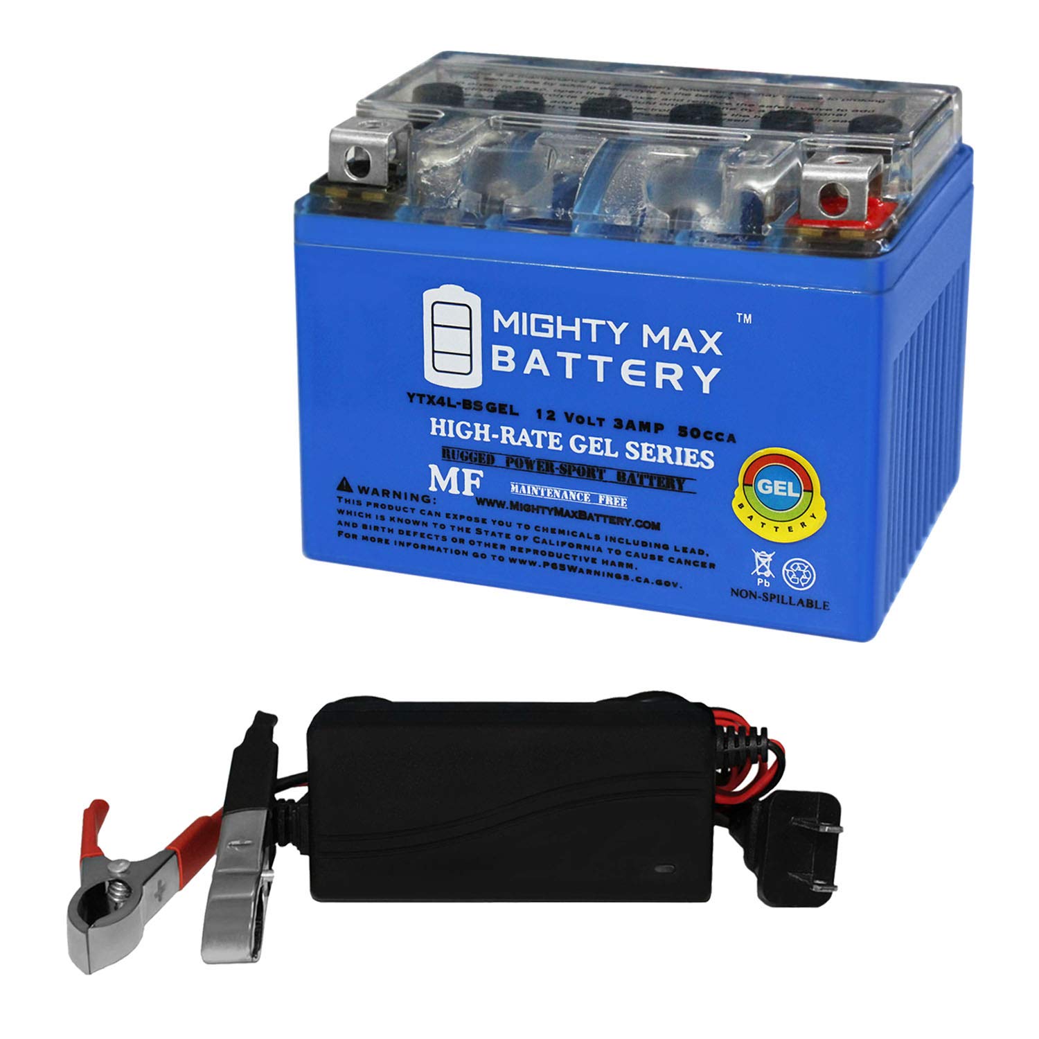 Mighty Max YTX4L-BS 12V 3Ah GEL Replacement Battery with 12V 1A Charger - Compatible with Scooters, Lawn Mowers, ATVs & Power Sports - Maintenance-Free & Long-Lasting Power Solution