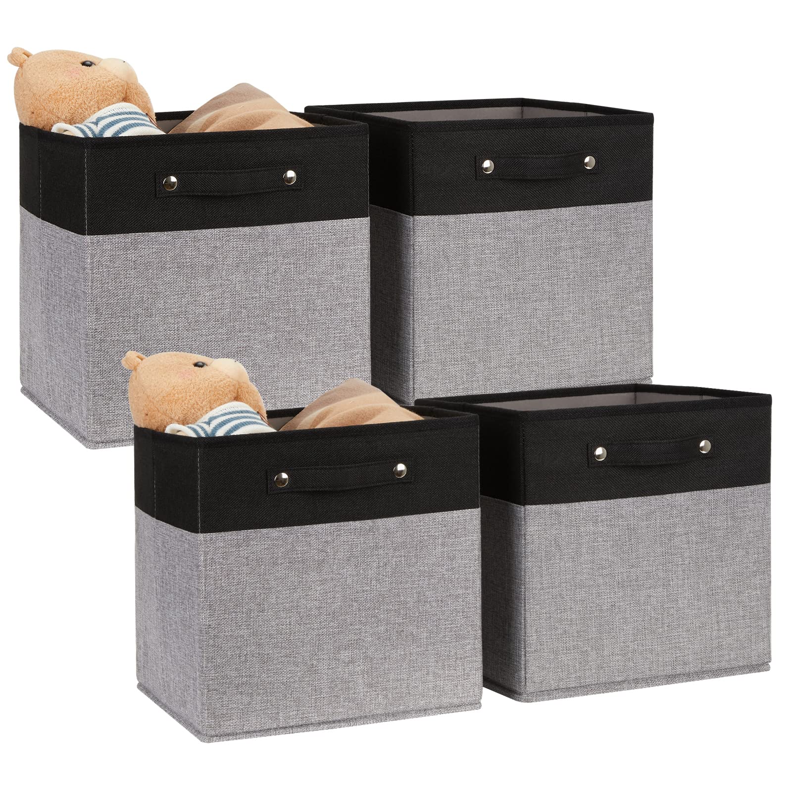 Araierd 12x12 Inch Fabric Storage Cubes with Handles - 4 Pack Organizer Bins for Closet, Shelves & Home Organization (Black & Grey) - Perfect for Clothes, Toys, Blankets & Seasonal Storage