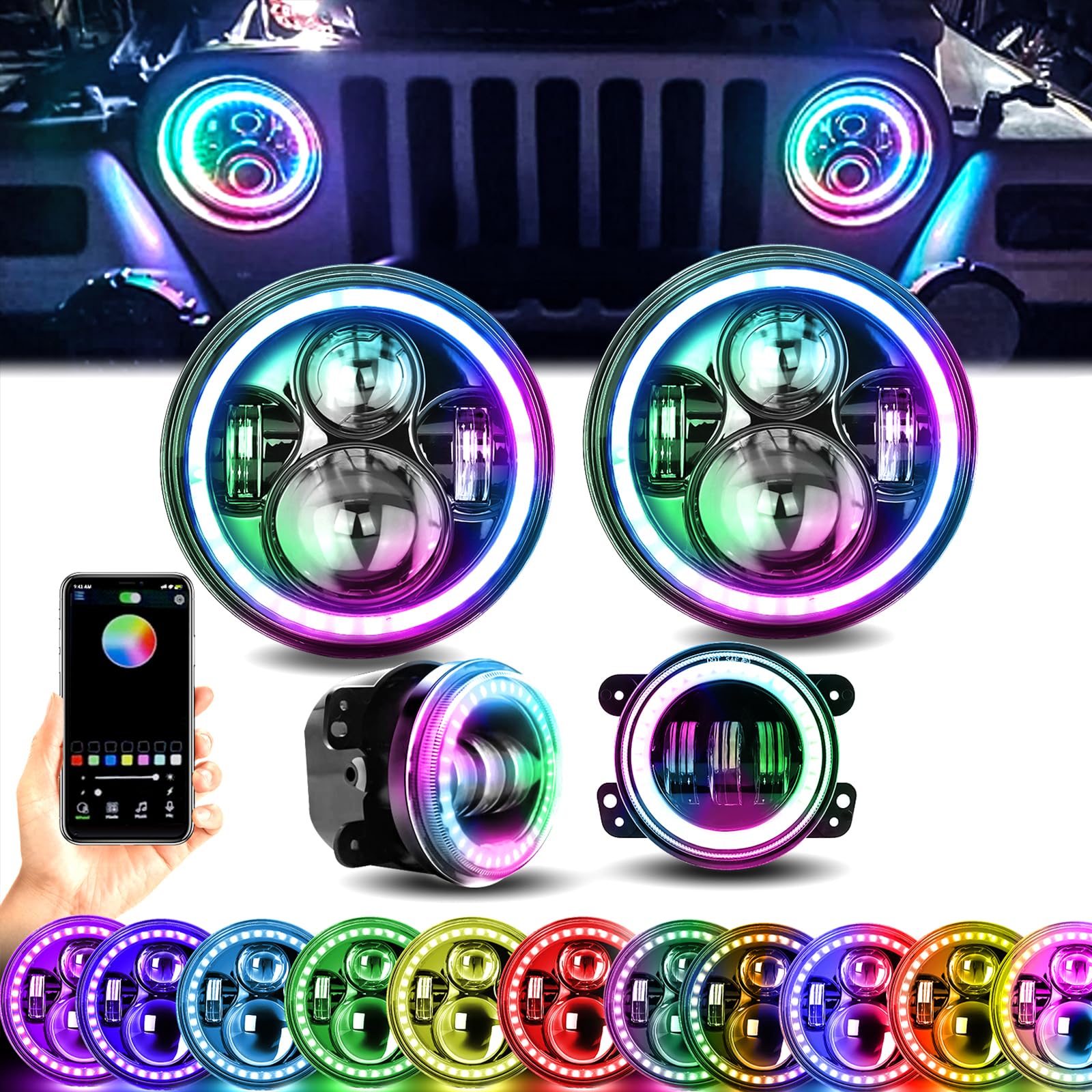 YEEGO DIRECT 7 Inch LED Headlight with RGB Halo & 4 Inch RGB Fog Lights for Jeep Wrangler 1997-2018 (JKU, JK, TJ, LJ) - DOT Approved, Bluetooth APP Control, Custom Colors - Off-Road, Night Driving, Car Customization
