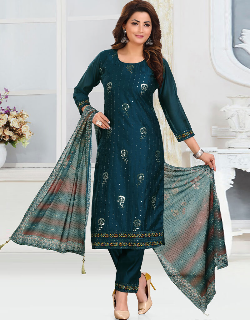 Elegant Blue Chanderi Silk Pant Salwar Suit for Women - Traditional Indian Ethnic Wear for Weddings, Festivals & Special Occasions