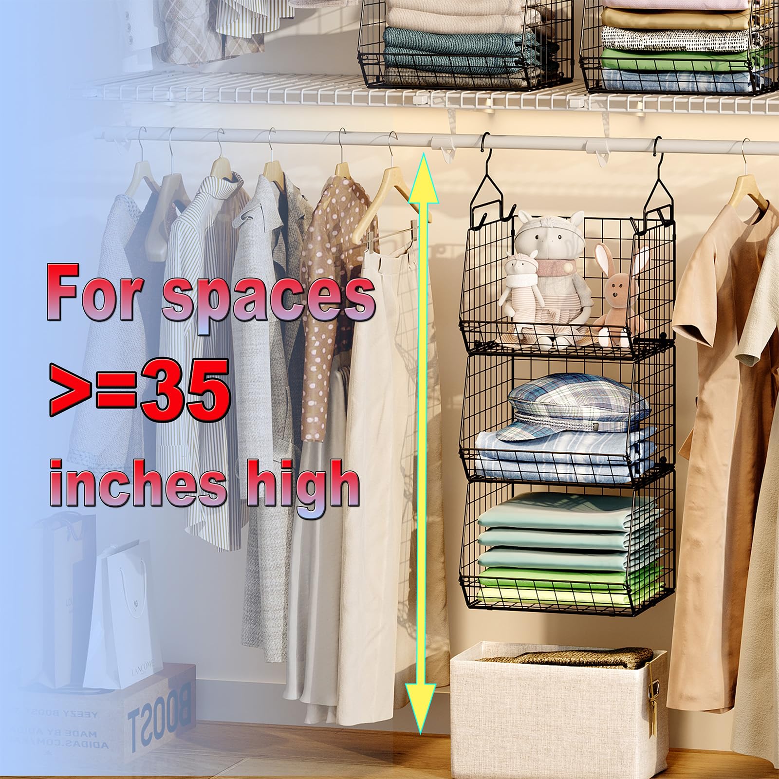 X-cosrack 3-Tier Foldable Closet Organizer with 5 S-Hooks - Space-Saving Wire Storage Baskets for Clothes, Shoes, Handbags & Accessories - Perfect for Bedroom, Closet & Dorm Organization (Patent Design)