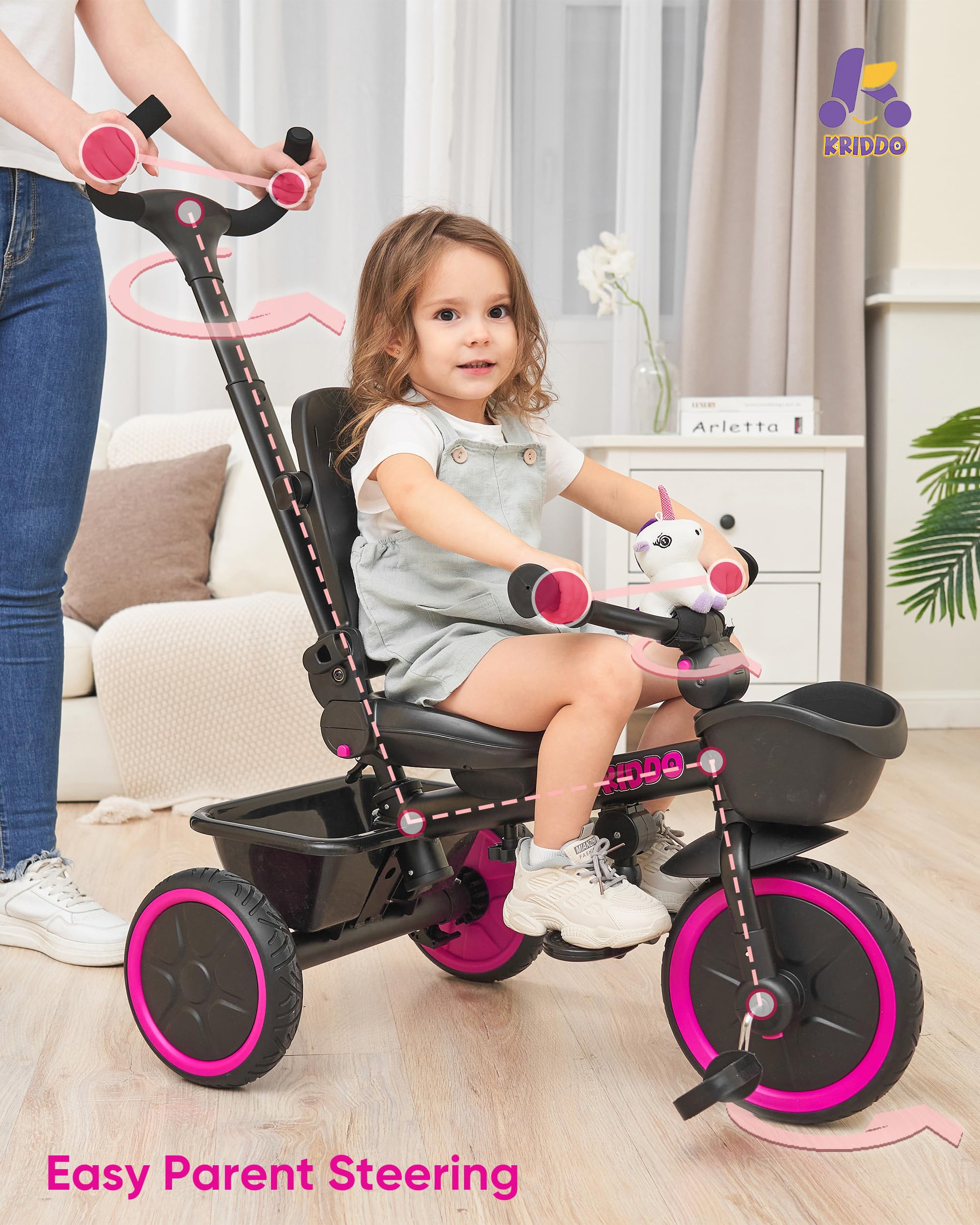 KRIDDO 7-in-1 Convertible Tricycle Stroller for Toddlers 18 Months to 5 Years - Adjustable Push Handle, 360° Rotating Seat, Removable Canopy & Cup Holder - Foldable Baby Trike with Detachable Guardrail & Footrest - Perfect for Park Rides, Neighborhood Walks & Outdoor Family Adventures