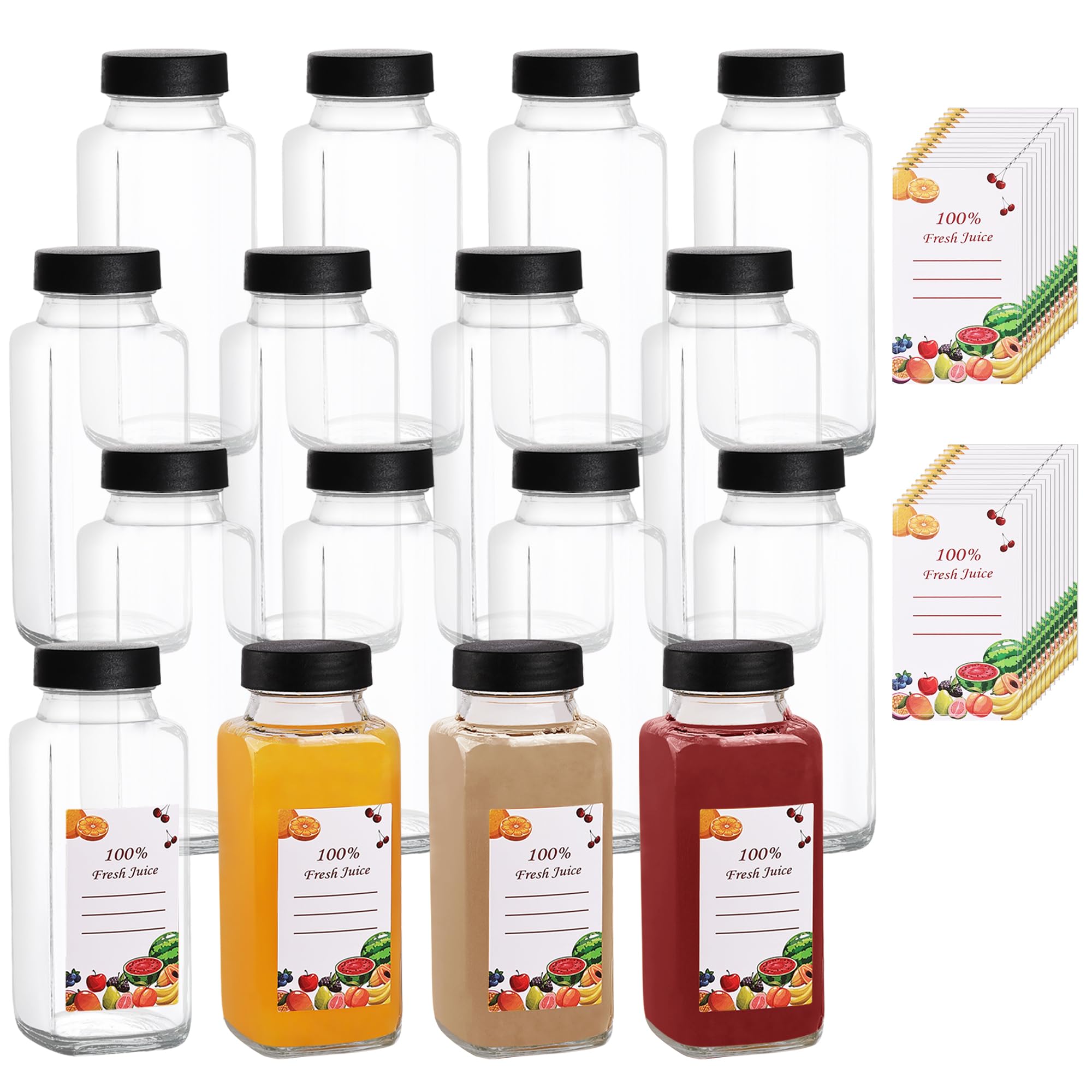 16 Pack 8 oz Glass Juice Bottles with Black Lids & Labels - Reusable Leakproof Drink Containers for Juicing, Water, Ginger Shots, Wellness Drinks - Dishwasher Safe Travel Storage Jars for Home, Office & Gym Use