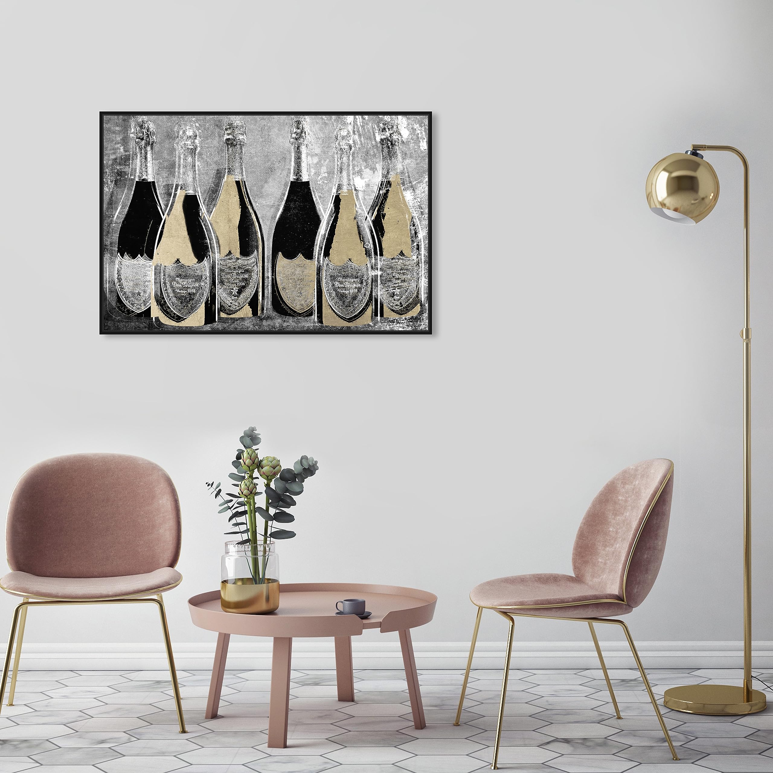 Oliver Gal Artist Co. 'Dom Party Glam' Champagne Wall Art - 36x24 Inch Gold & Black Framed Canvas Print - Elegant Home Bar Decor for Dining Room, Living Room & Wine Cellar