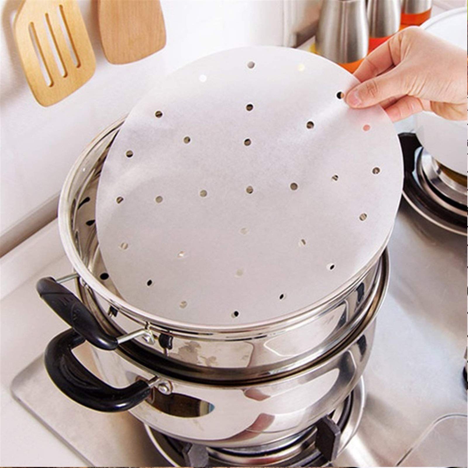 50Pcs Heat-Resistant Bamboo Steamer Paper Liners - 4/6/8/10 Inch Round Non-Stick Dim Sum Basket Liners for Asian Cooking | Perfect for Steaming Dumplings, Buns & More