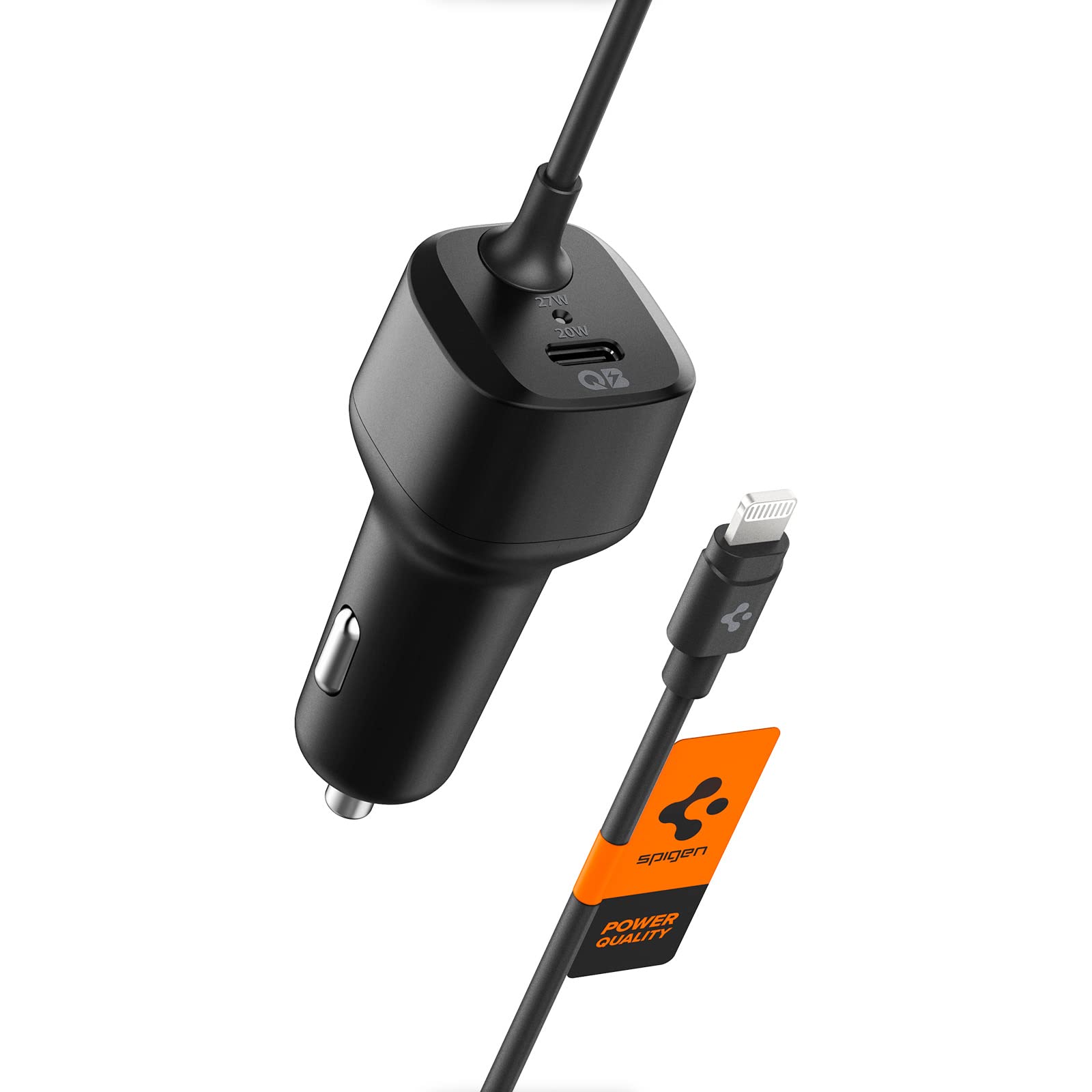 Spigen MFi Certified 47W USB C Car Charger with Built-in Lightning Cable - 27W PD & 20W Fast Charging for iPhone 16/16 Pro Max/15/14/13/12/iPad - Type C Car Adapter for Galaxy Z Fold/Flip 6 - Perfect for Road Trips & Daily Commutes