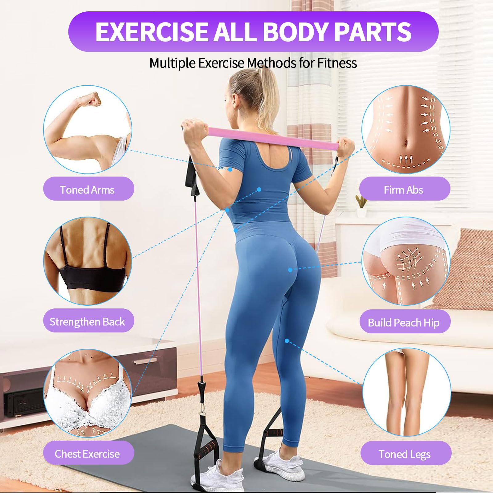 Pilates Bar Kit with 6 Resistance Bands - Yoga Exercise Bar & Ab Roller - Portable Home Gym Equipment for Women & Men - Leg, Hip, Waist & Arm Workout - Perfect for Home Fitness, Yoga Studio & Travel Workouts