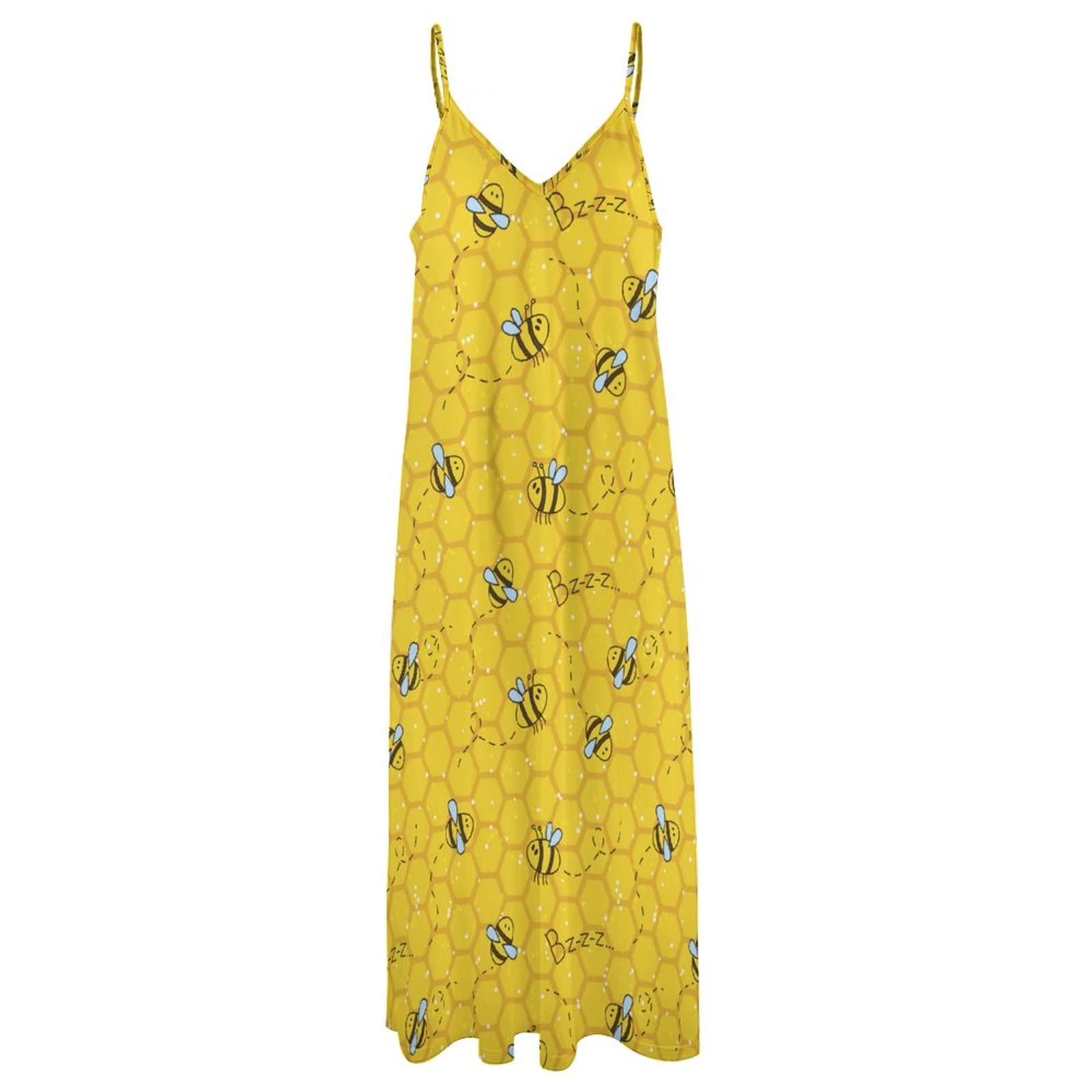 Women's Summer Maxi Dress with Cute Honey Bee Print - Flowy Beach Sundress for Vacation, Casual Outfits & Outdoor Activities