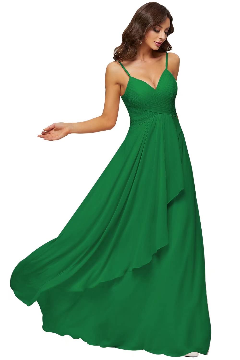 Elegant V-Neck Chiffon Bridesmaid Dress with Spaghetti Straps - Long Pleated Ruffle Formal Gown for Women | Perfect for Weddings, Prom & Evening Parties