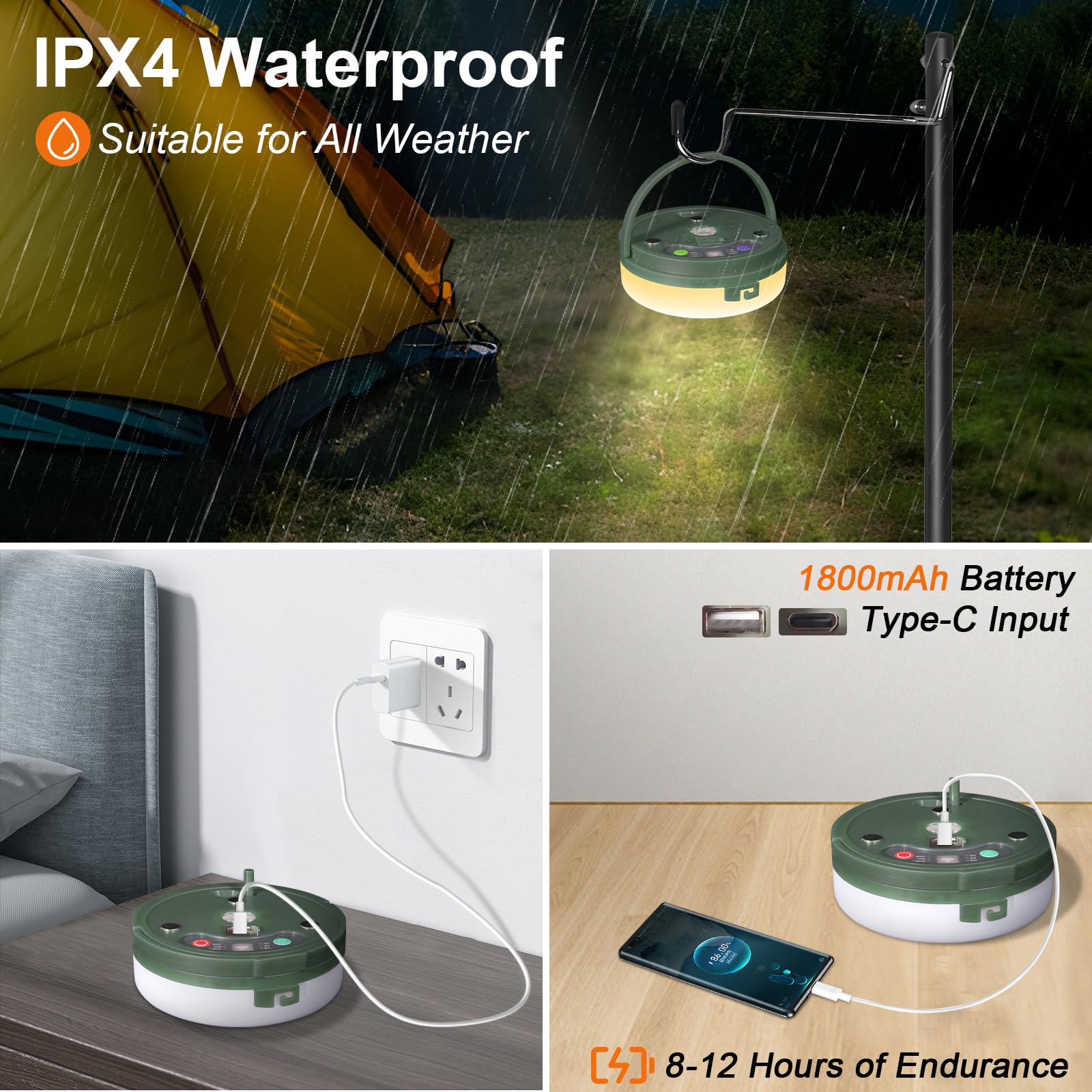 HELESIN 3-in-1 Waterproof Portable String Lights - USB Rechargeable Outdoor Camping Lights with 8 Lighting Modes for Tent, Backyard, RV & Patio (Warm White) - Perfect for Camping Trips, Backyard Parties and Outdoor Decorations