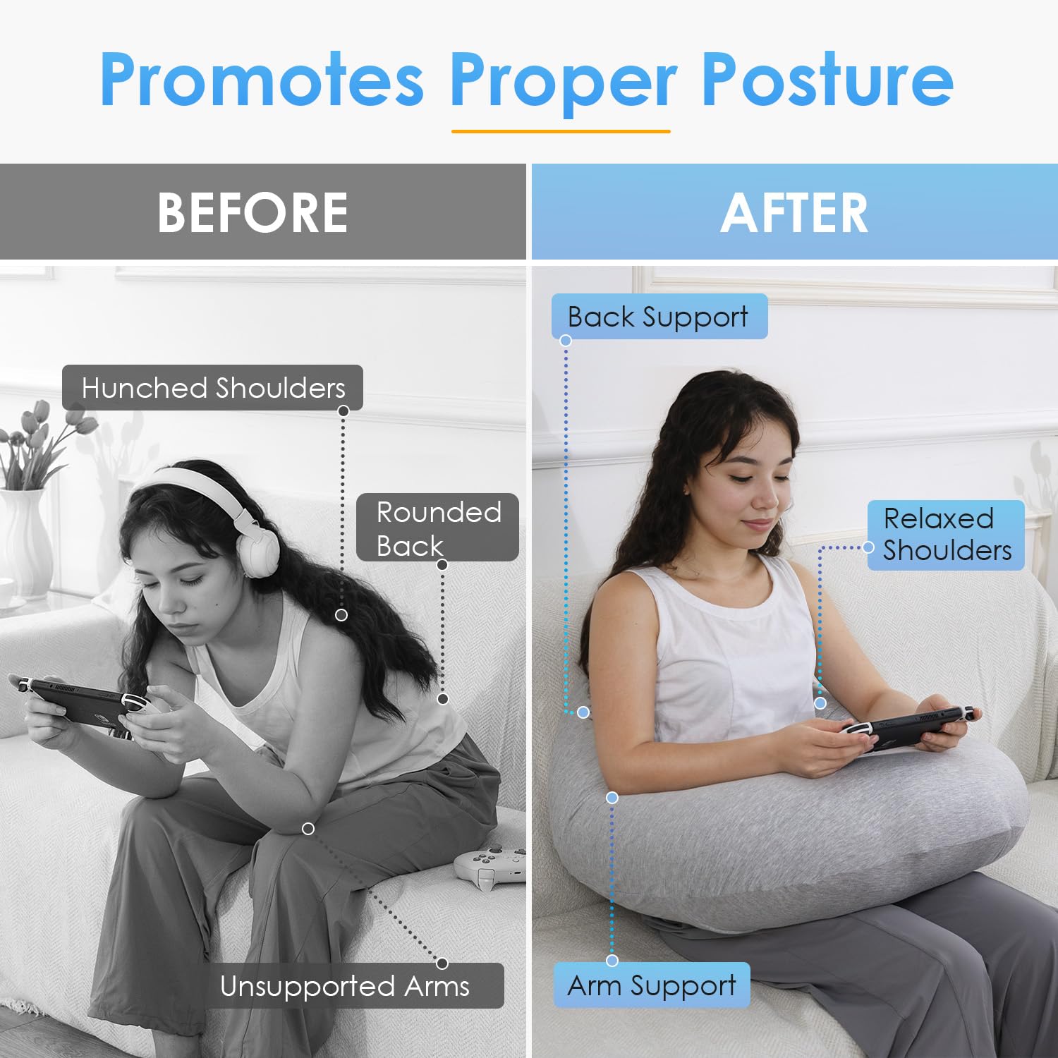 QUEEN ROSE Ergonomic Reading Pillow for Gaming, Bed & Sofa - Lap Desk Pillow with Arm Support for Reading, Playing, Crocheting - Cooling Grey - Perfect for Relaxing in Bed, Gaming Sessions & Crafting Activities