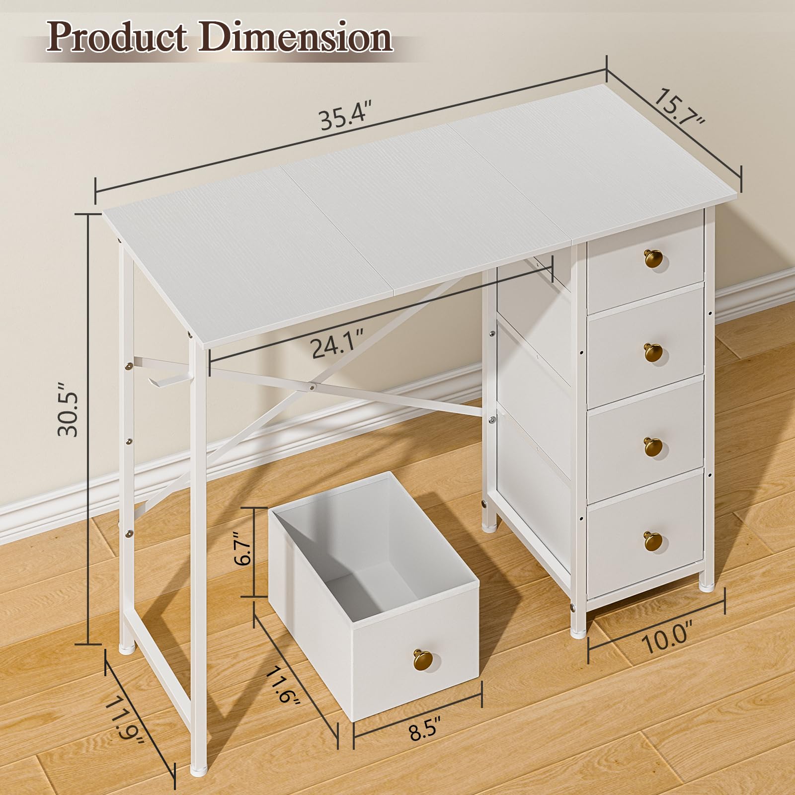 Vanity Desk No Mirror, Small Makeup Vanity Table with 4 Fabric Drawers, White Dressing Table for Small Spaces - 35.4 Inch Girls Bedroom Makeup Desk with Iron Hook | Perfect for Compact Bedrooms, Dorm Rooms & Apartment Decor