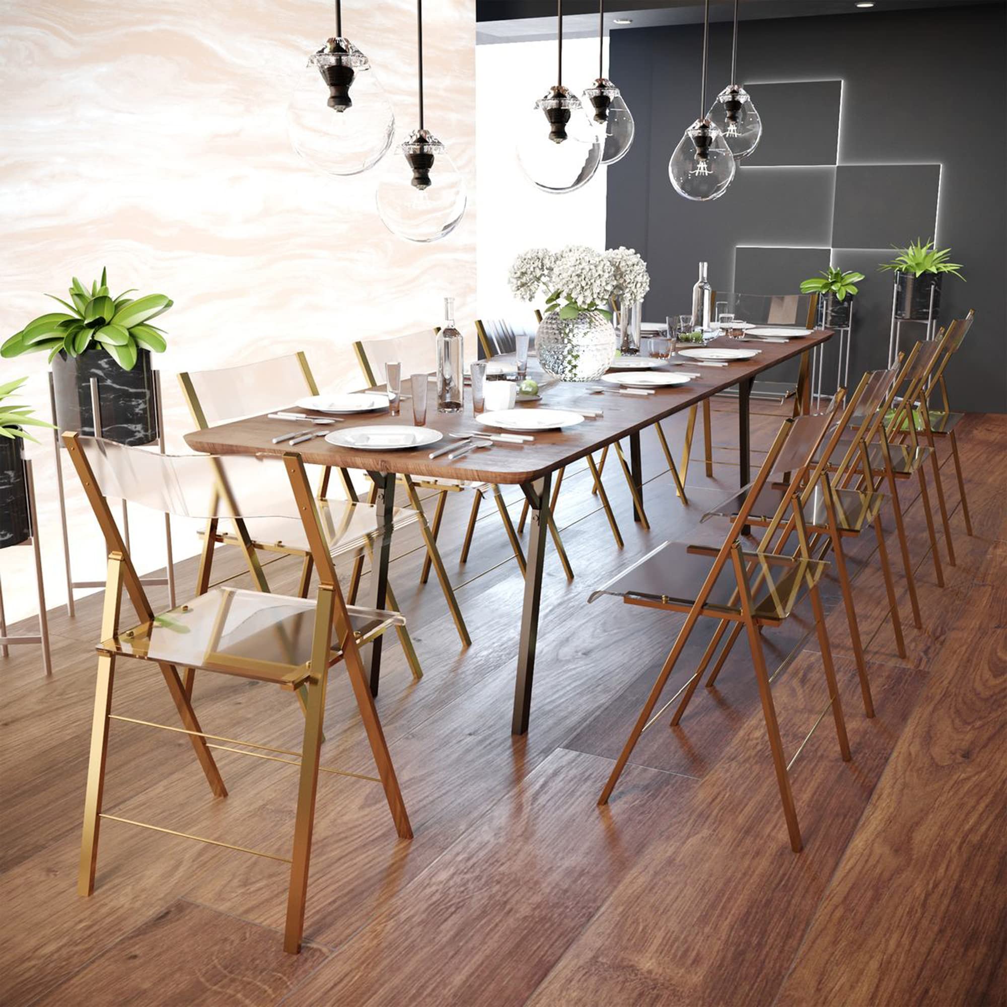Modern Acrylic Folding Chairs with Gold Base - Set of 4 for Indoor/Outdoor Use - Clear Transparent Design Perfect for Dining Room, Patio, Wedding & Event Decor