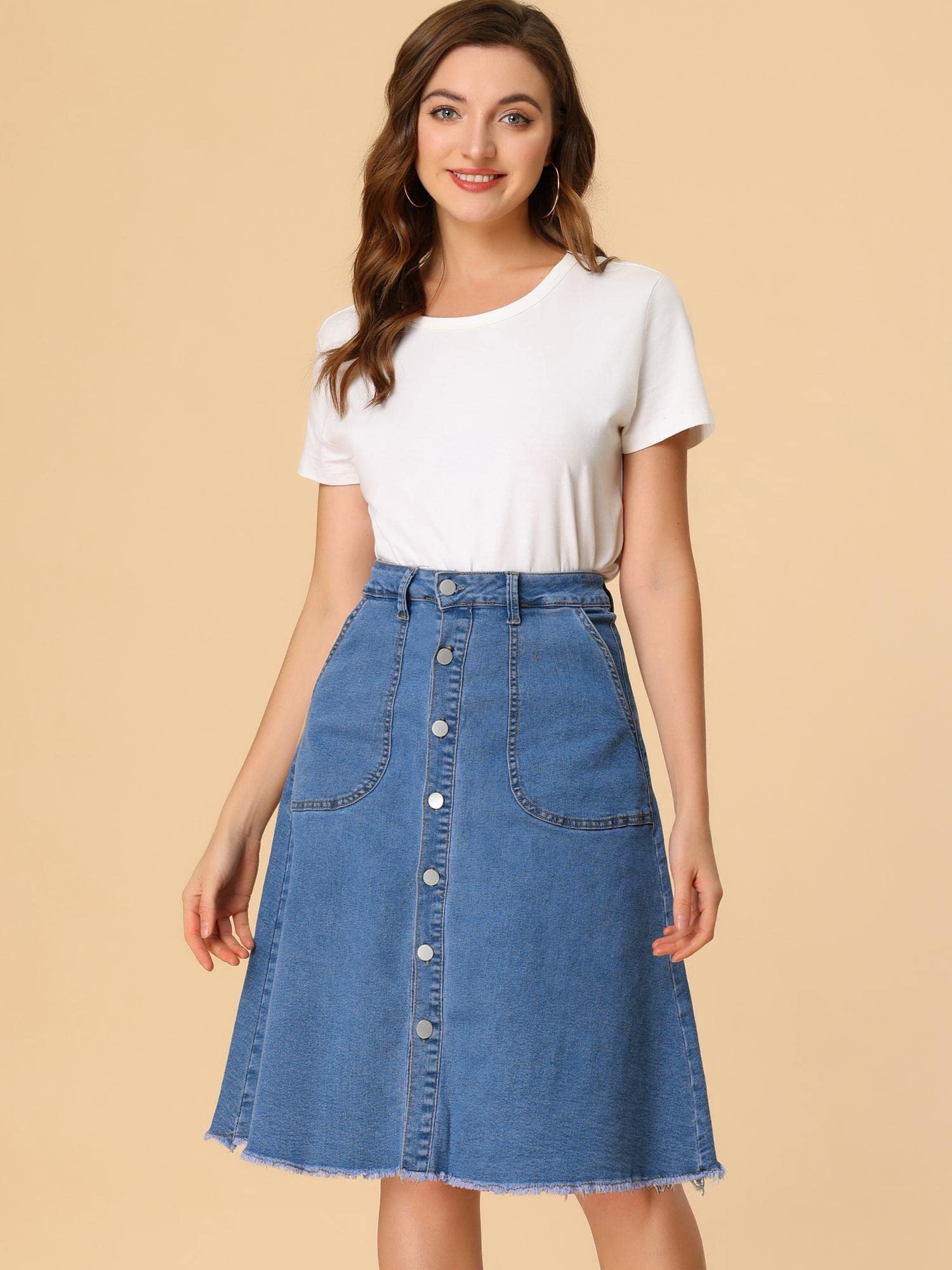 Allegra K Women's Raw Hem Button Down Denim Midi Skirt - Stretch Jeans Skirt for Casual Outfits, Work & Weekend Wear