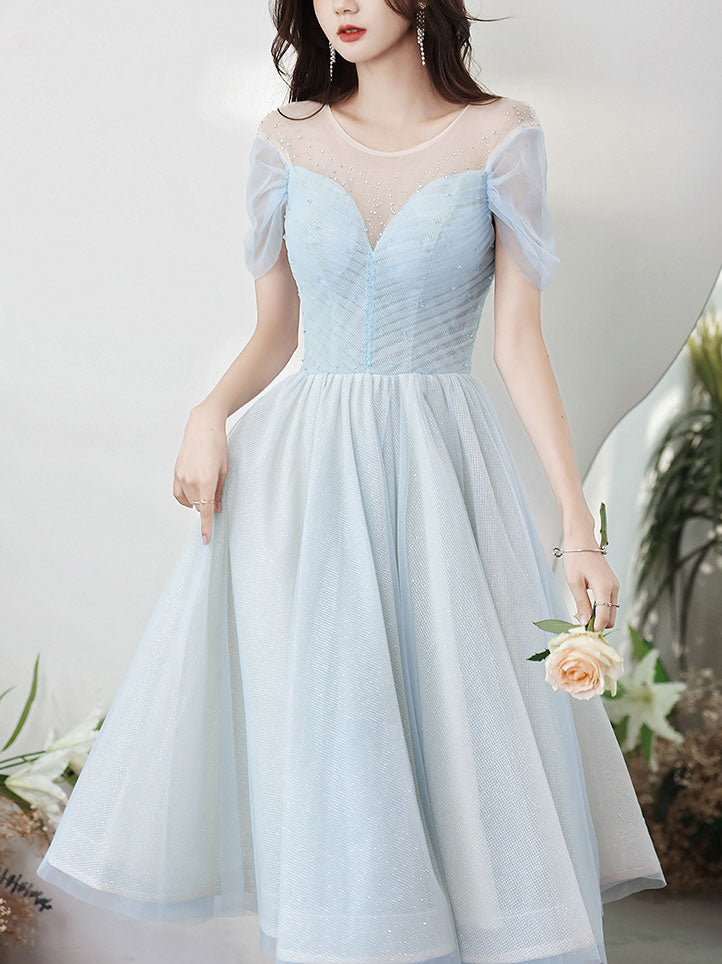 Elegant Blue Round Neck Tulle Short Prom Dress for Homecoming - Perfect for School Dances, Parties & Special Occasions