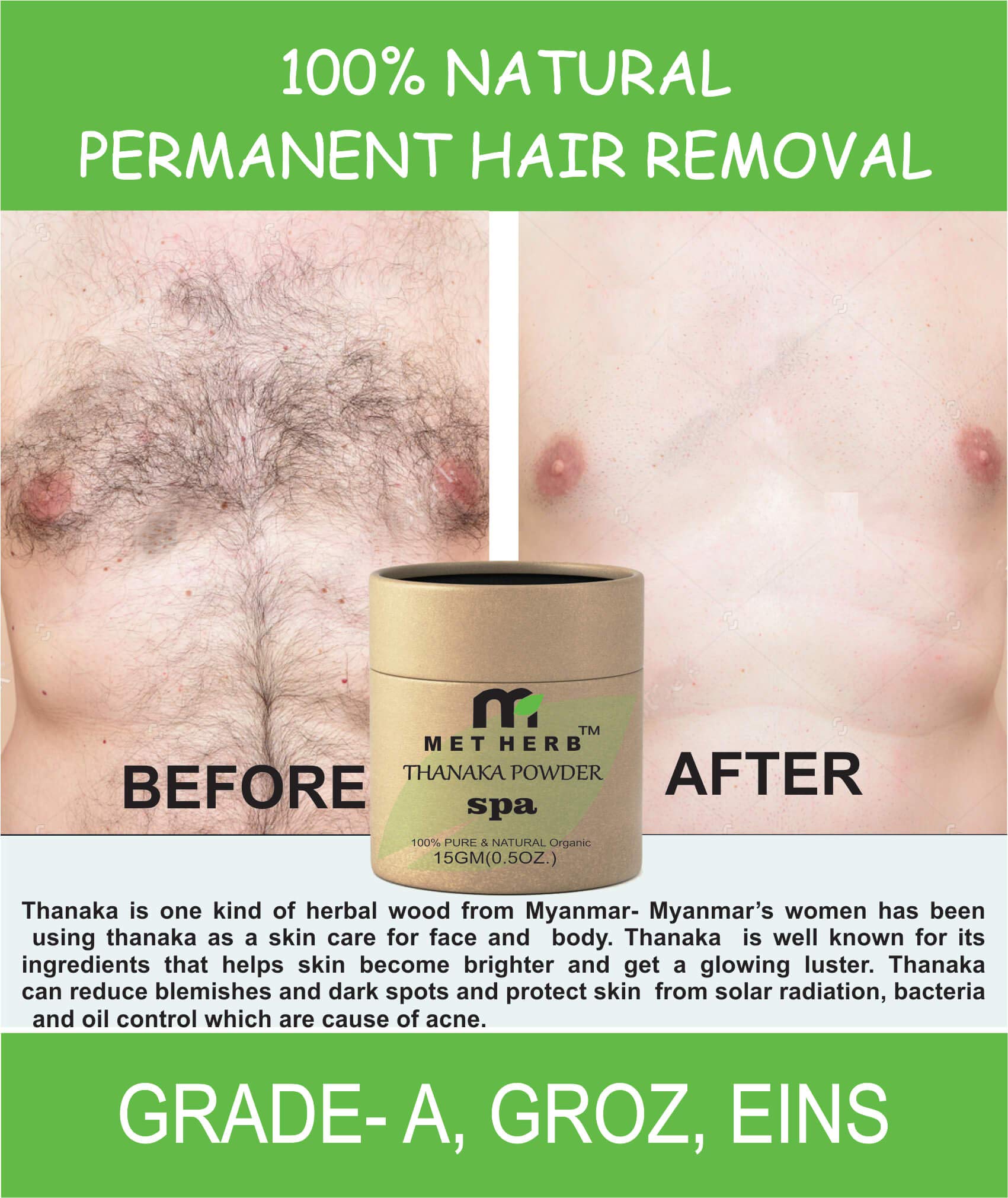 Organic Metherb Thanaka Powder 15g - Natural Hair Removal, Eco-Friendly Packaging | Safe for Face & Body, Gentle on Skin for Smooth Results - Perfect for Home Spa & DIY Beauty Treatments
